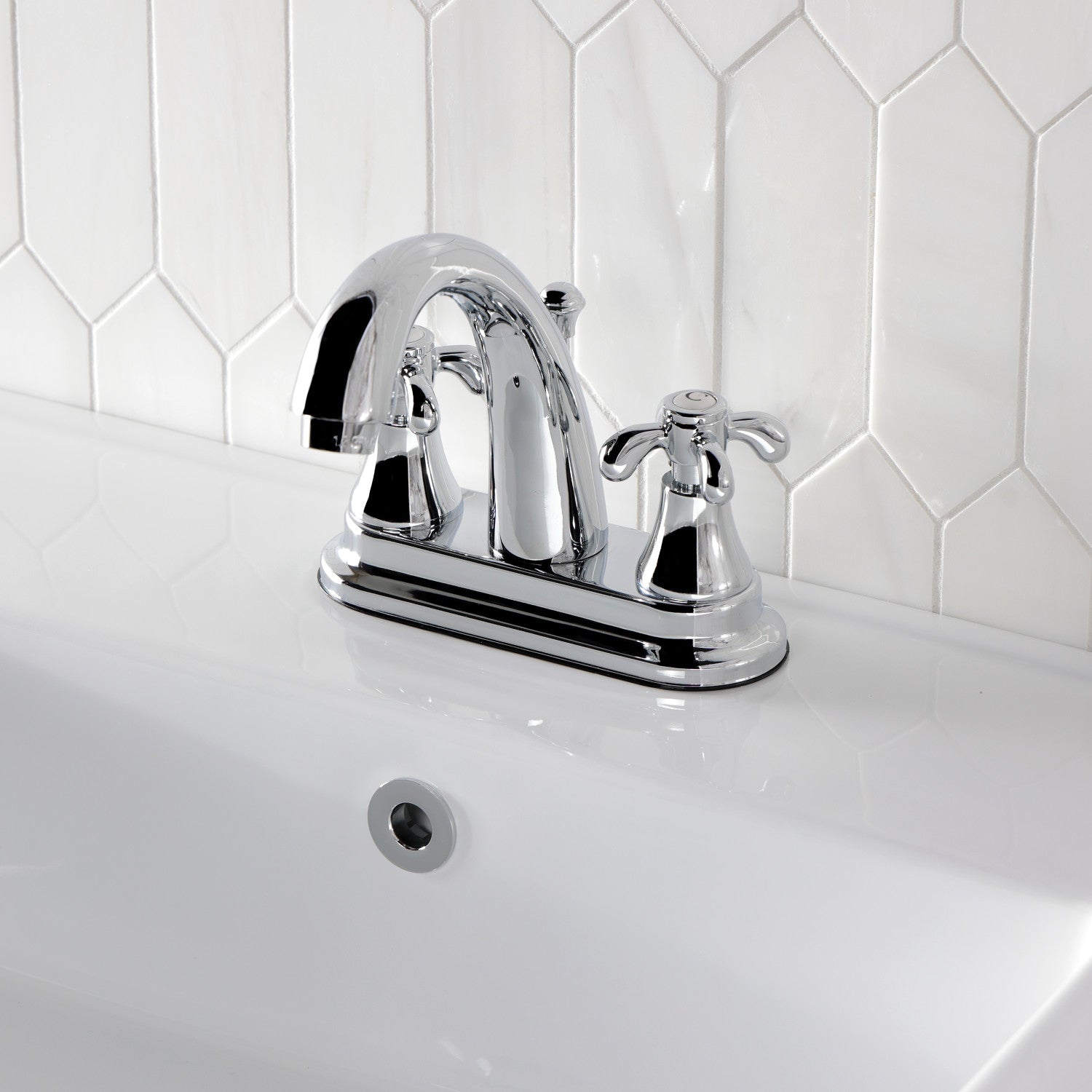 Kingston Heirloom KS7611TX - French Country Double-Handle 3-Hole Deck Mount 4-Inch Centerset Bathroom Faucet with Brass Pop-Up, Polished Chrome — thumbnail 2