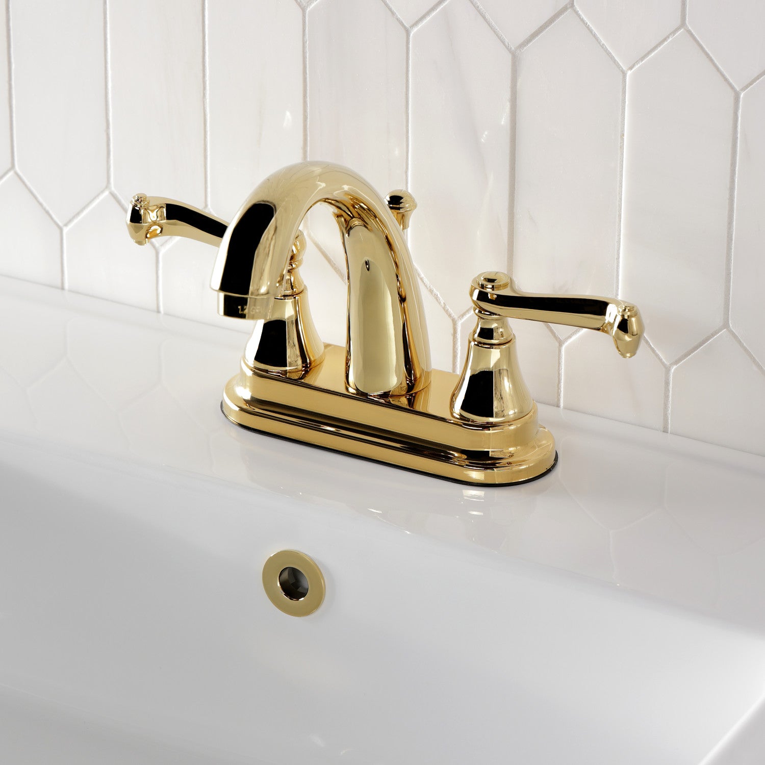 Kingston Tulare KS7612FL - English Vintage Double-Handle 3-Hole Deck Mount 4-Inch Centerset Bathroom Faucet with Brass Pop-Up, Polished Brass — thumbnail 2