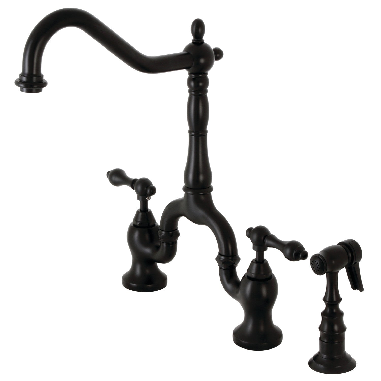 Kingston Heirloom KS7750ALBS - English Country Two-Handle 3-Hole Deck Mount Bridge Kitchen Faucet with Brass Sprayer, Matte Black