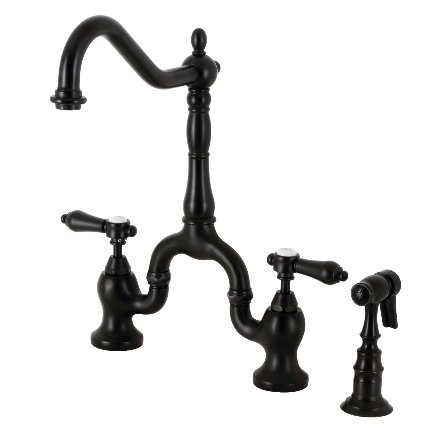Kingston Heirloom KS7750BALBS - Heirloom Two-Handle 3-Hole Deck Mount Bridge Kitchen Faucet with Brass Sprayer, Matte Black