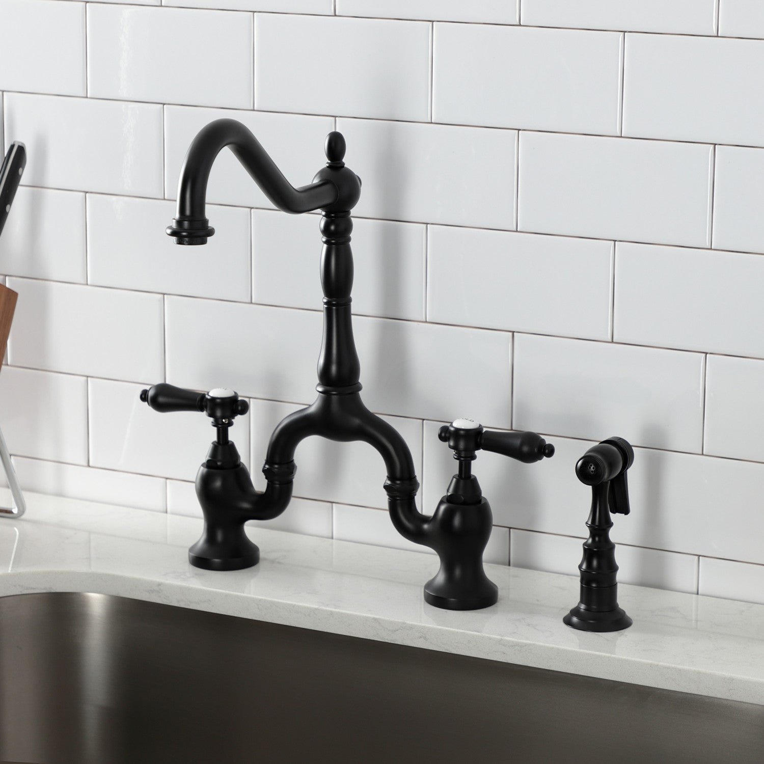 Kingston Heirloom KS7750BALBS - Heirloom Two-Handle 3-Hole Deck Mount Bridge Kitchen Faucet with Brass Sprayer, Matte Black — thumbnail 2