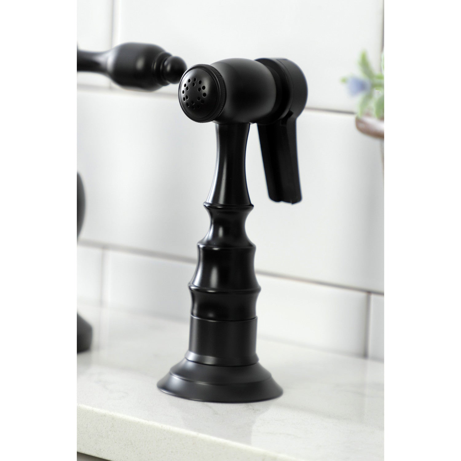 Kingston Heirloom KS7750TALBS - Tudor Two-Handle 3-Hole Deck Mount Bridge Kitchen Faucet with Brass Sprayer, Matte Black — thumbnail 2