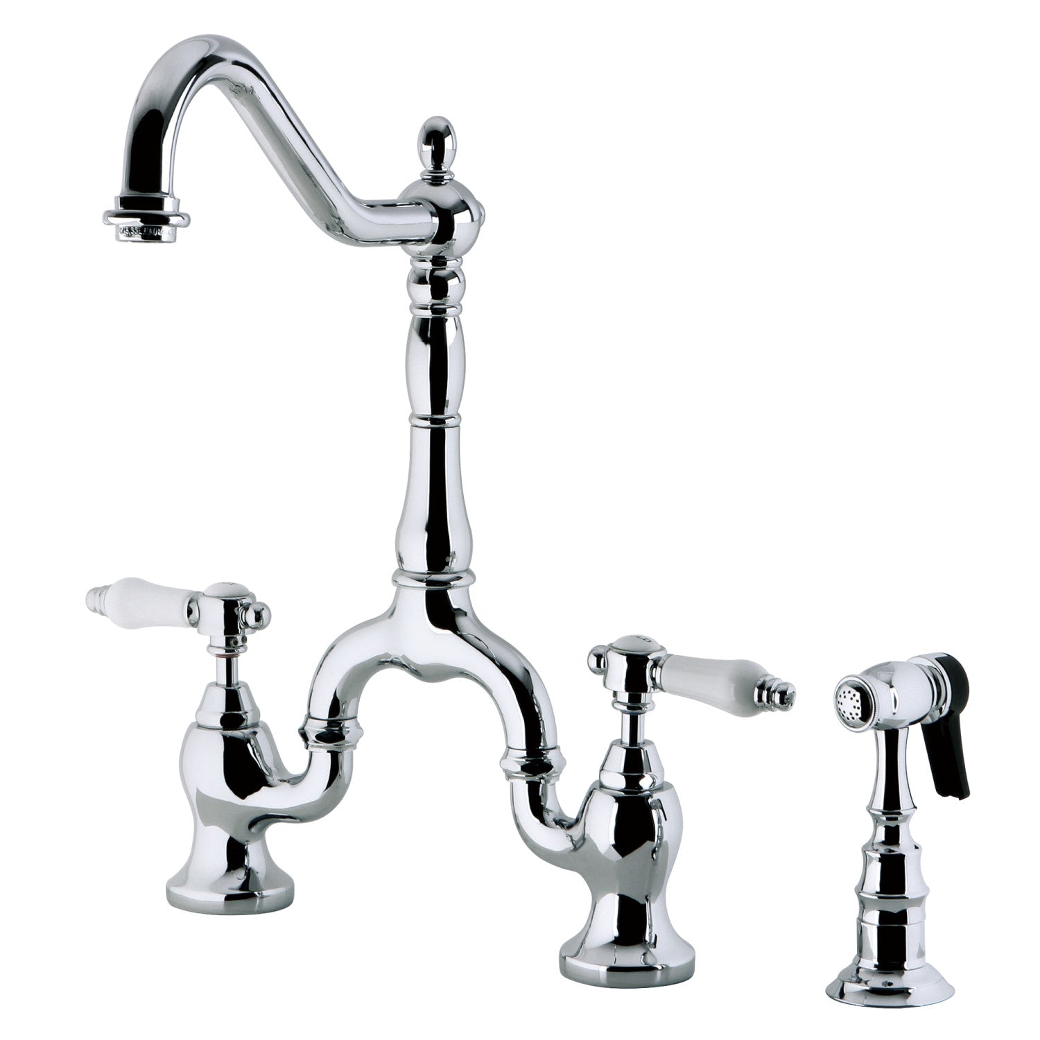 Kingston Heirloom KS7751BPLBS - Bel-Air Two-Handle 3-Hole Deck Mount Bridge Kitchen Faucet with Brass Sprayer, Polished Chrome