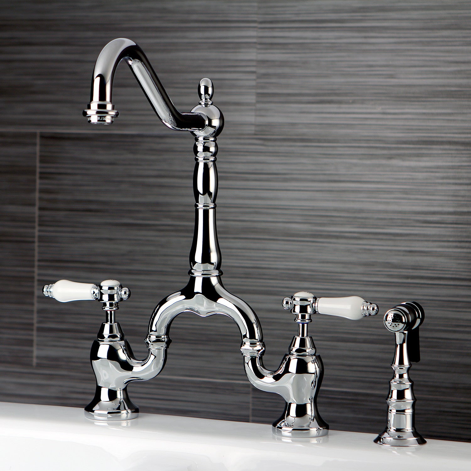 Kingston Heirloom KS7751BPLBS - Bel-Air Two-Handle 3-Hole Deck Mount Bridge Kitchen Faucet with Brass Sprayer, Polished Chrome — thumbnail 2