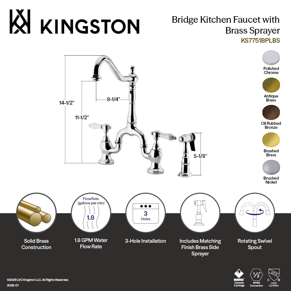 Kingston Heirloom KS7751BPLBS - Bel-Air Two-Handle 3-Hole Deck Mount Bridge Kitchen Faucet with Brass Sprayer, Polished Chrome — thumbnail 3