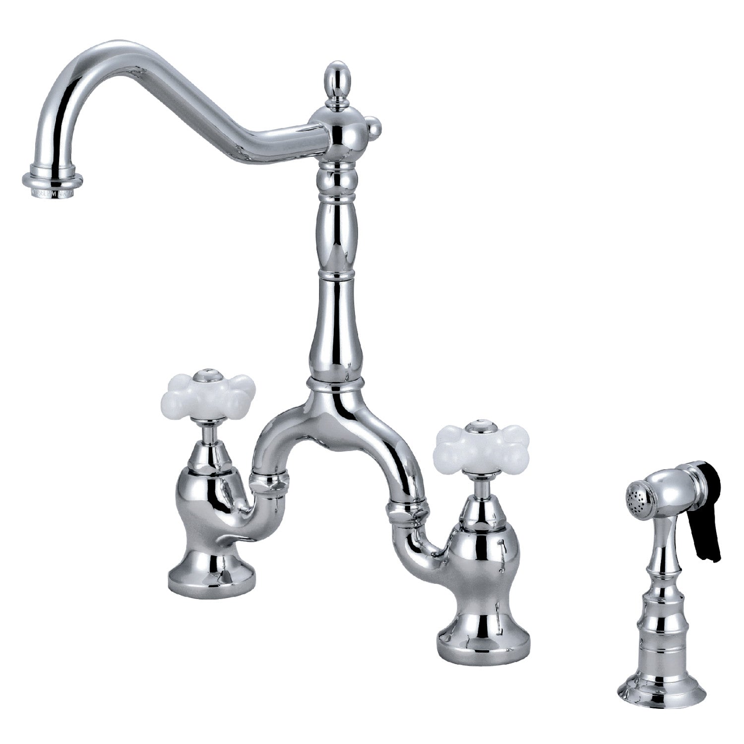 Kingston Heirloom KS7751PXBS - English Country Two-Handle 3-Hole Deck Mount Bridge Kitchen Faucet with Brass Sprayer, Polished Chrome — image 1