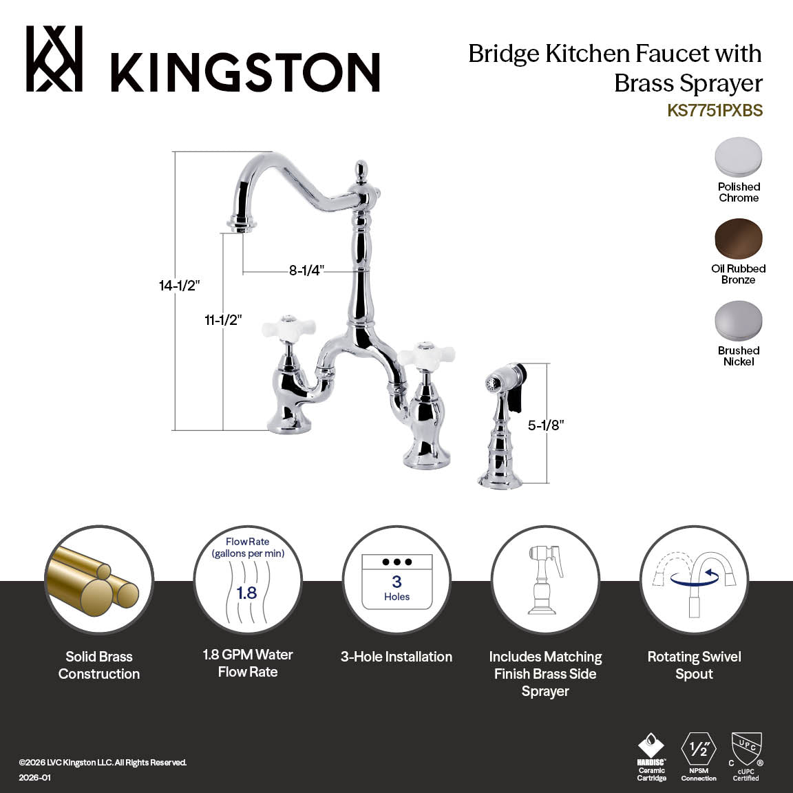 Kingston Heirloom KS7751PXBS - English Country Two-Handle 3-Hole Deck Mount Bridge Kitchen Faucet with Brass Sprayer, Polished Chrome — thumbnail 2