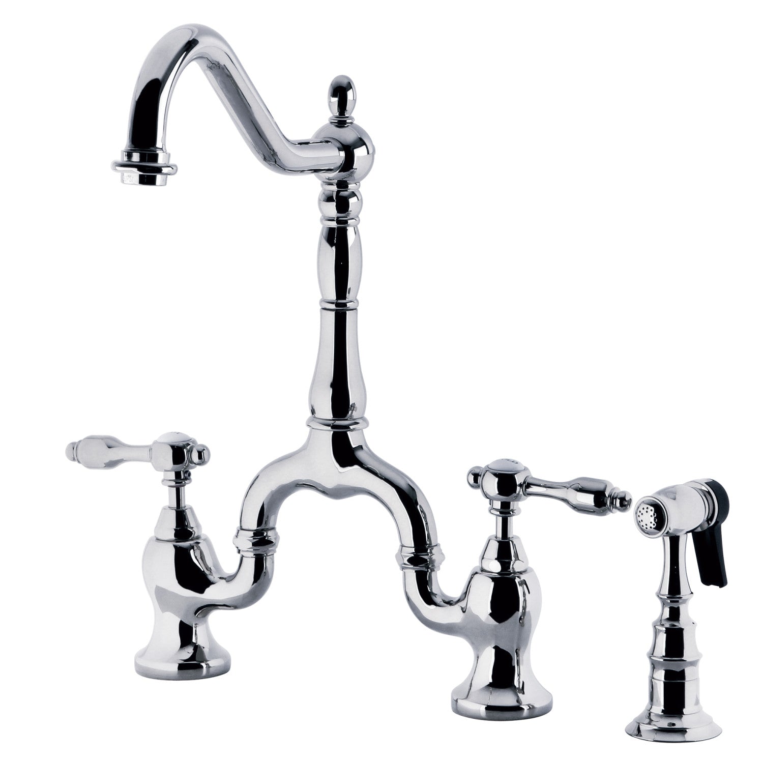 Kingston Heirloom KS7751TALBS - Tudor Two-Handle 3-Hole Deck Mount Bridge Kitchen Faucet with Brass Sprayer, Polished Chrome