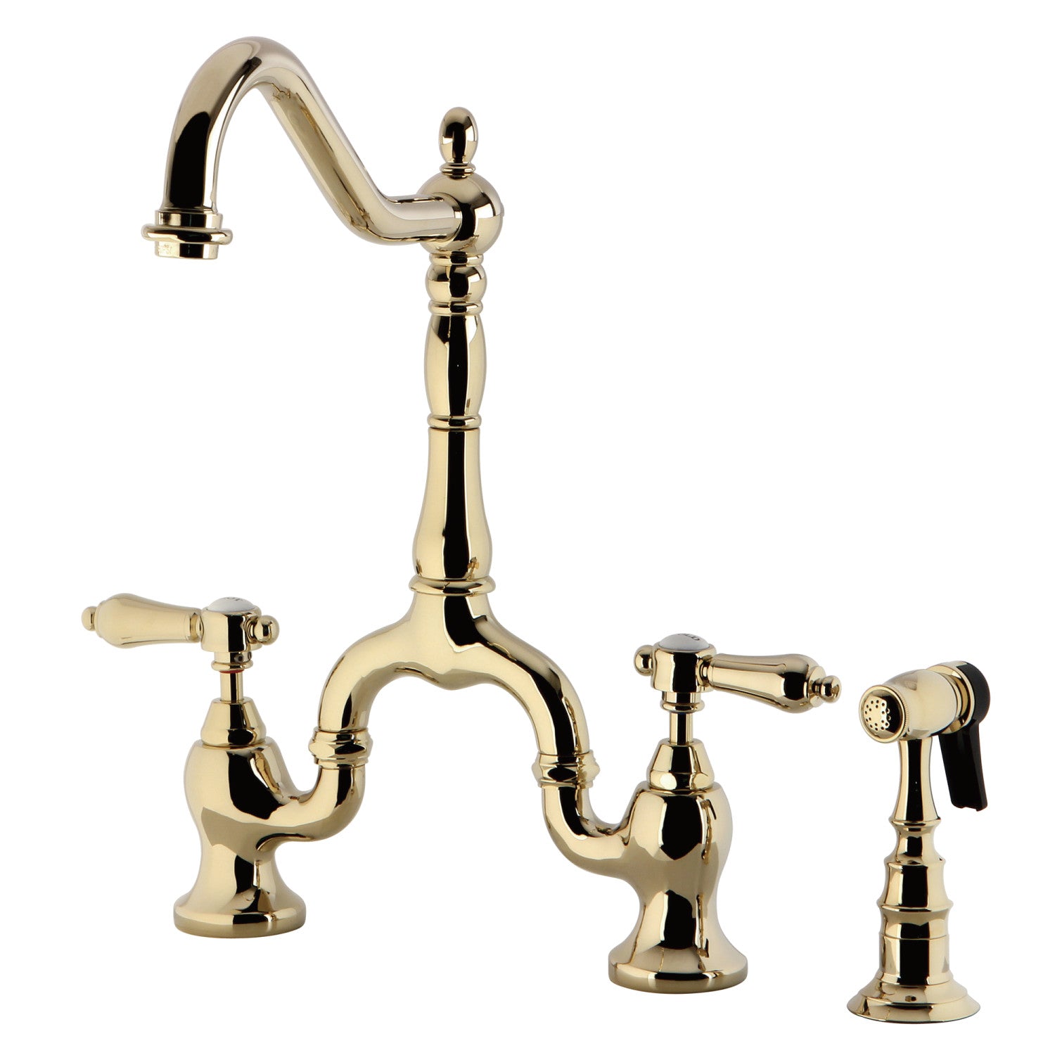 Kingston Heirloom KS7752BALBS - Heirloom Two-Handle 3-Hole Deck Mount Bridge Kitchen Faucet with Brass Sprayer, Polished Brass
