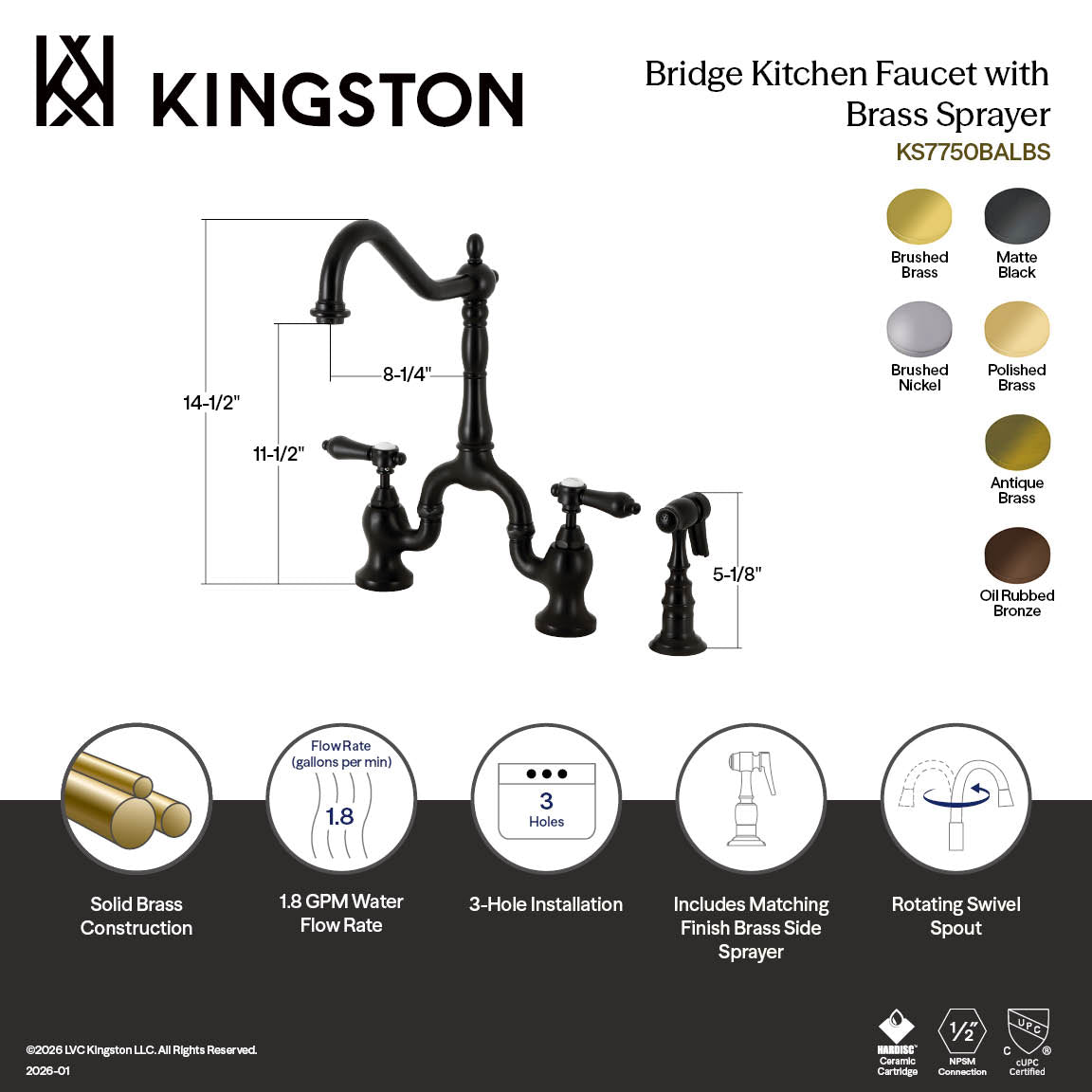 Kingston Heirloom KS7752BALBS - Heirloom Two-Handle 3-Hole Deck Mount Bridge Kitchen Faucet with Brass Sprayer, Polished Brass — thumbnail 3