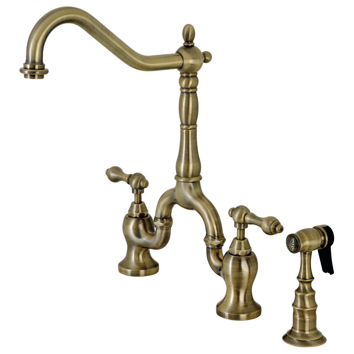 Kingston Heirloom KS7753ALBS - English Country Two-Handle 3-Hole Deck Mount Bridge Kitchen Faucet with Brass Sprayer, Antique Brass