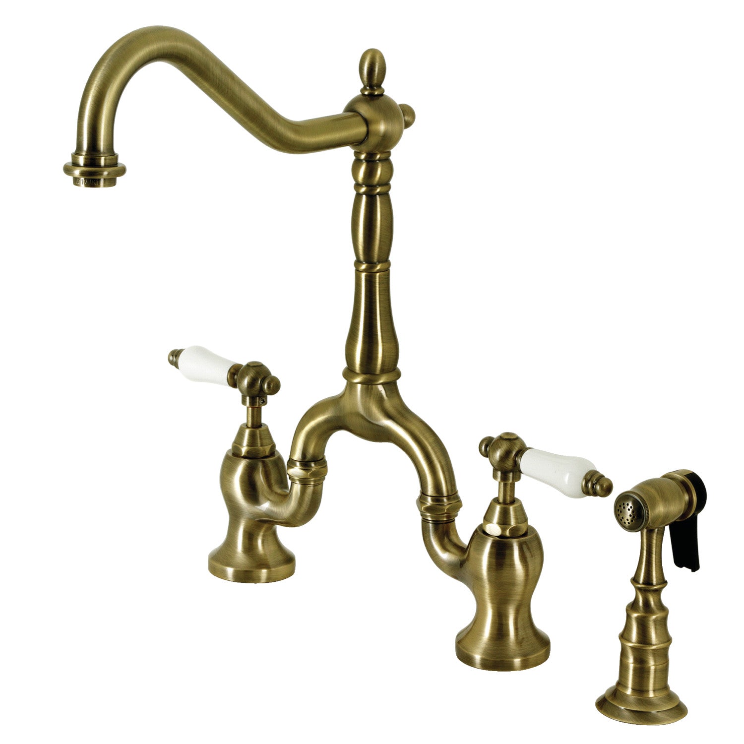 Kingston Heirloom KS7753PLBS - English Country Two-Handle 3-Hole Deck Mount Bridge Kitchen Faucet with Brass Sprayer, Antique Brass