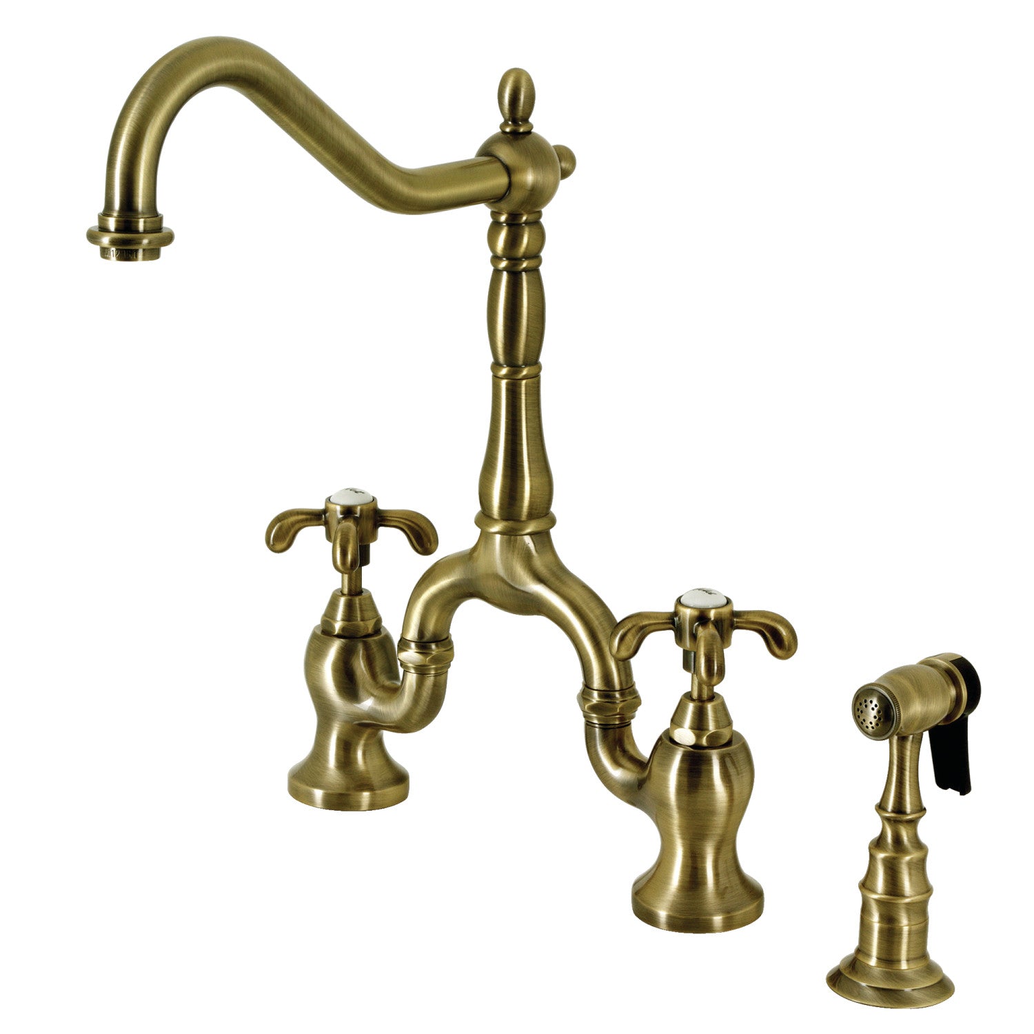 Kingston Heirloom KS7753TXBS - French Country Two-Handle 3-Hole Deck Mount Bridge Kitchen Faucet with Brass Sprayer, Antique Brass