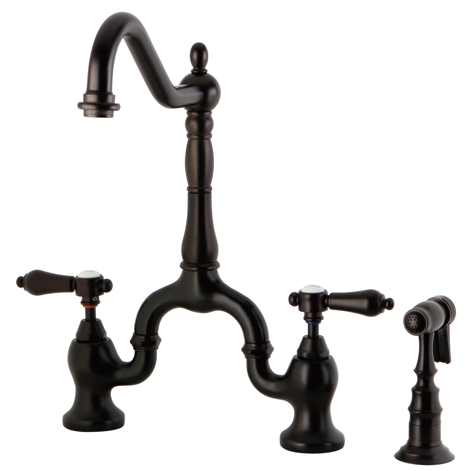 Kingston Heirloom KS7755BALBS - Heirloom Two-Handle 3-Hole Deck Mount Bridge Kitchen Faucet with Brass Sprayer, Oil Rubbed Bronze