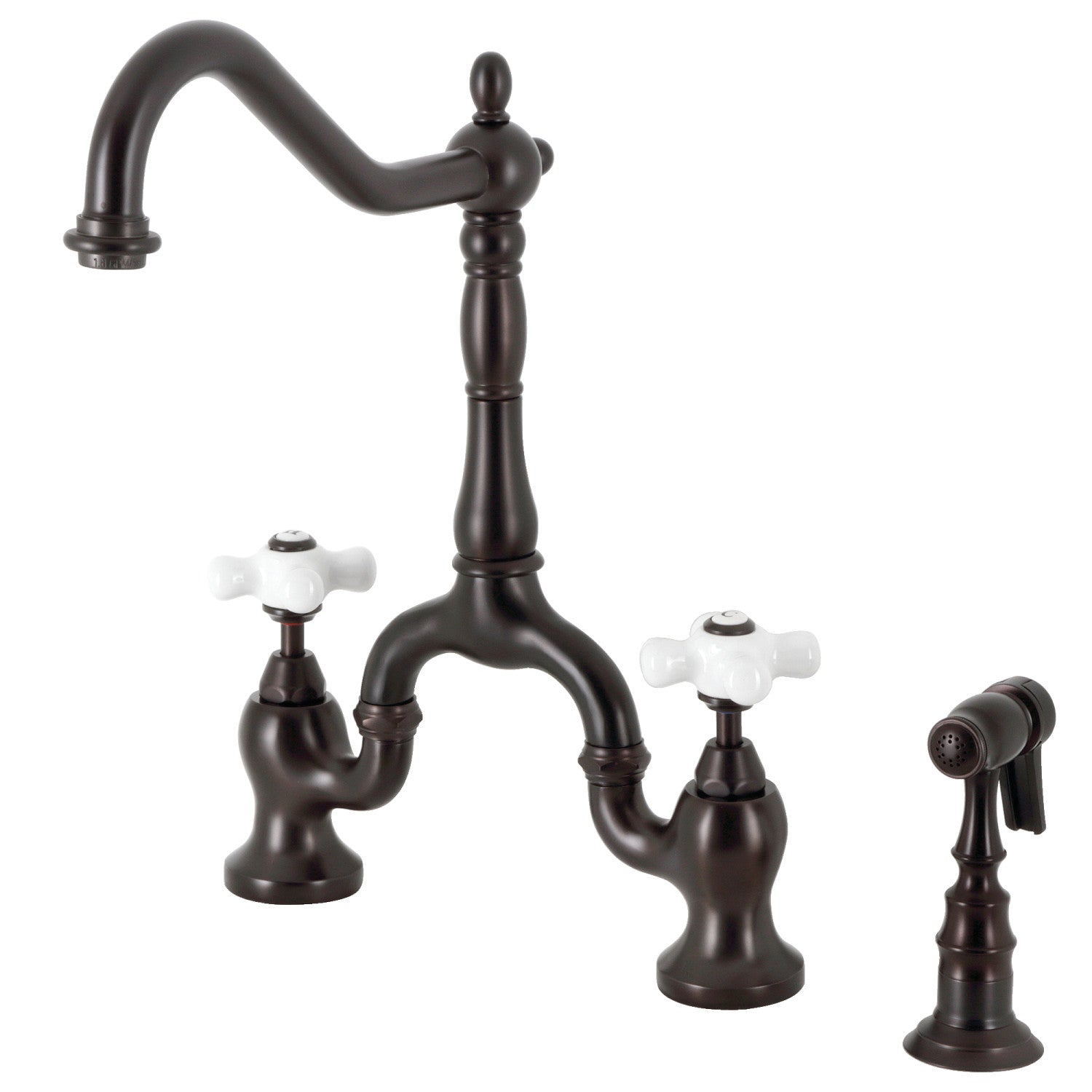Kingston Heirloom KS7755PXBS - English Country Two-Handle 3-Hole Deck Mount Bridge Kitchen Faucet with Brass Sprayer, Oil Rubbed Bronze