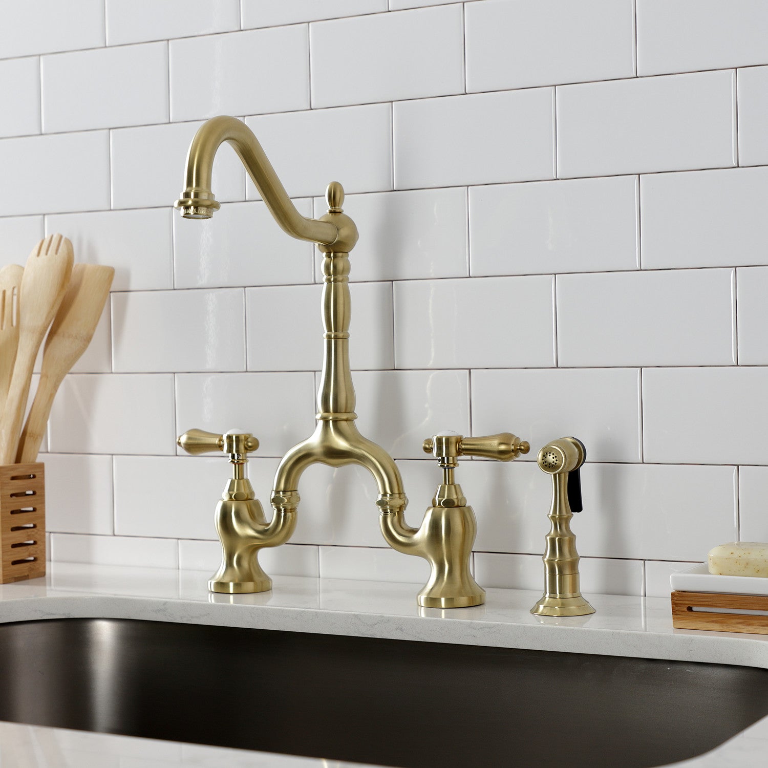 Kingston Heirloom KS7757BALBS - Heirloom Two-Handle 3-Hole Deck Mount Bridge Kitchen Faucet with Brass Sprayer, Brushed Brass — thumbnail 3