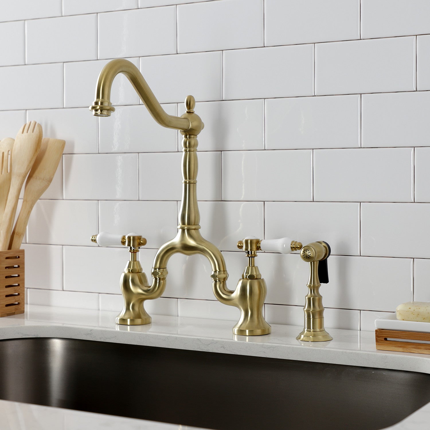 Kingston Heirloom KS7757BPLBS - Bel-Air Two-Handle 3-Hole Deck Mount Bridge Kitchen Faucet with Brass Sprayer, Brushed Brass — thumbnail 3
