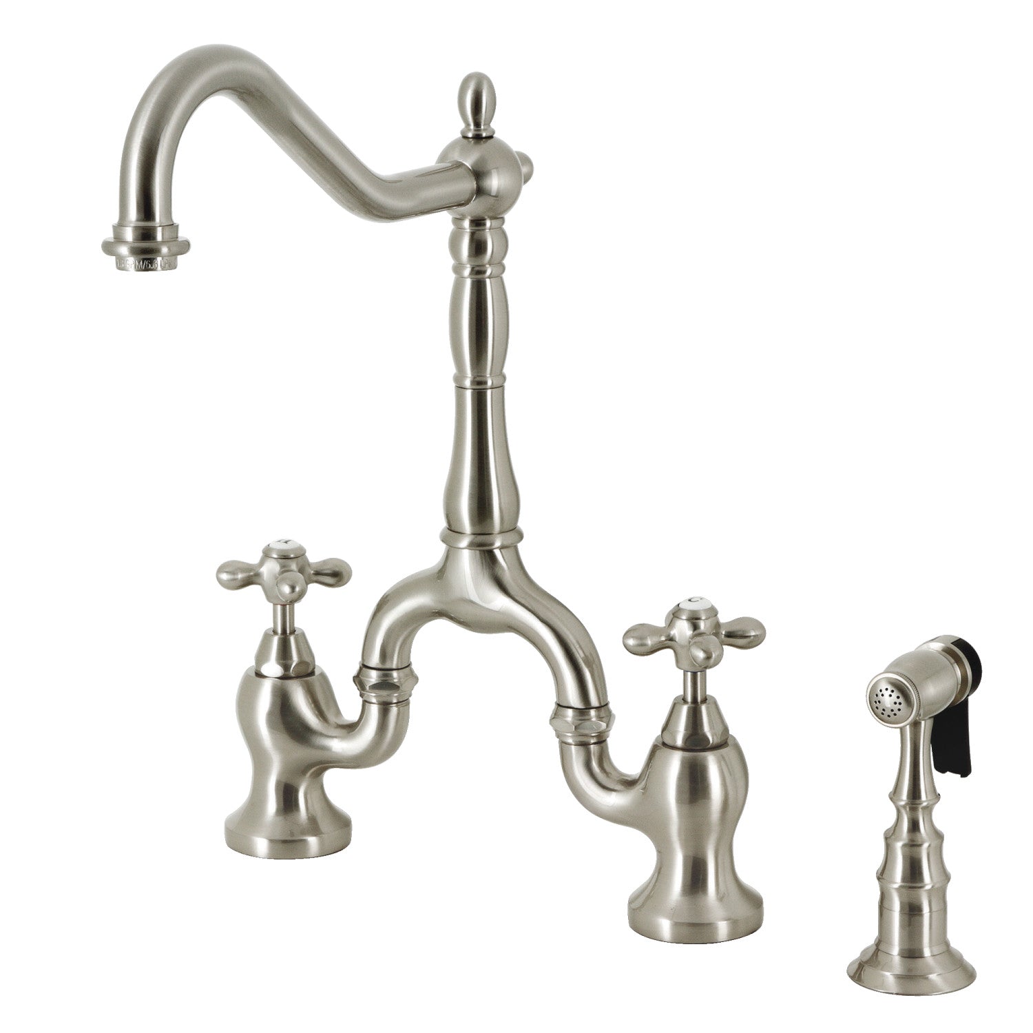 Kingston Heirloom KS7758AXBS - English Country Two-Handle 3-Hole Deck Mount Bridge Kitchen Faucet with Brass Sprayer, Brushed Nickel