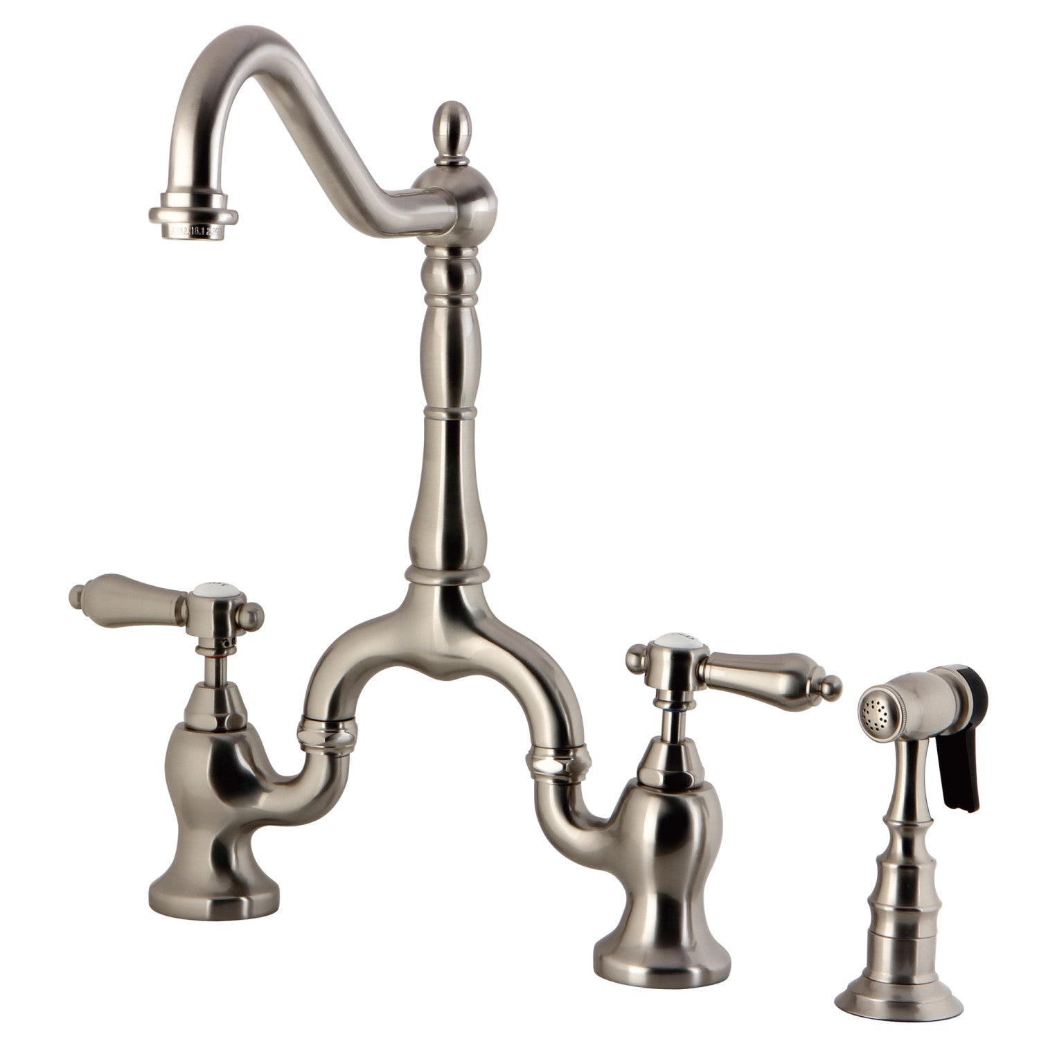 Kingston Heirloom KS7758BALBS - Heirloom Two-Handle 3-Hole Deck Mount Bridge Kitchen Faucet with Brass Sprayer, Brushed Nickel