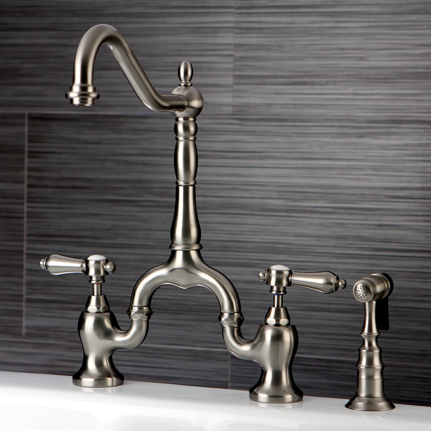 Kingston Heirloom KS7758BALBS - Heirloom Two-Handle 3-Hole Deck Mount Bridge Kitchen Faucet with Brass Sprayer, Brushed Nickel — thumbnail 2