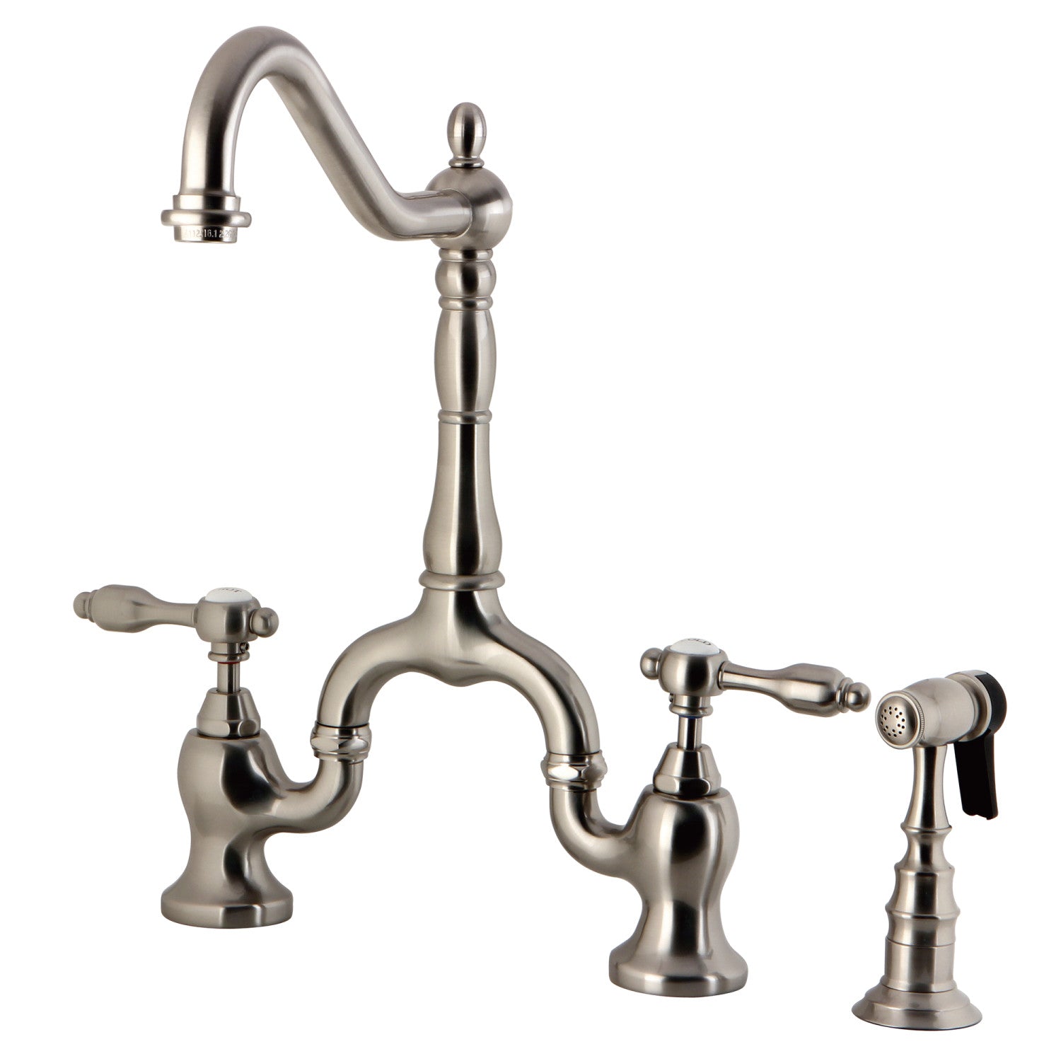 Kingston Heirloom KS7758TALBS - Tudor Two-Handle 3-Hole Deck Mount Bridge Kitchen Faucet with Brass Sprayer, Brushed Nickel