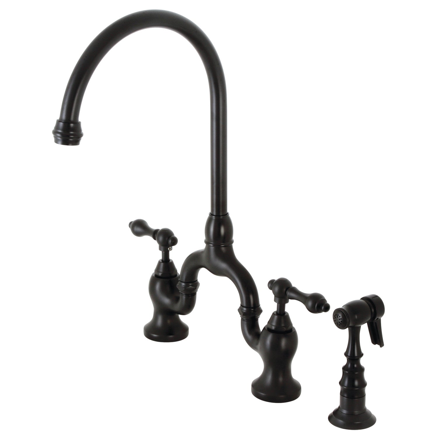 Kingston Heirloom KS7790ALBS - English Country Two-Handle 3-Hole Deck Mount Bridge Kitchen Faucet with Brass Sprayer, Matte Black