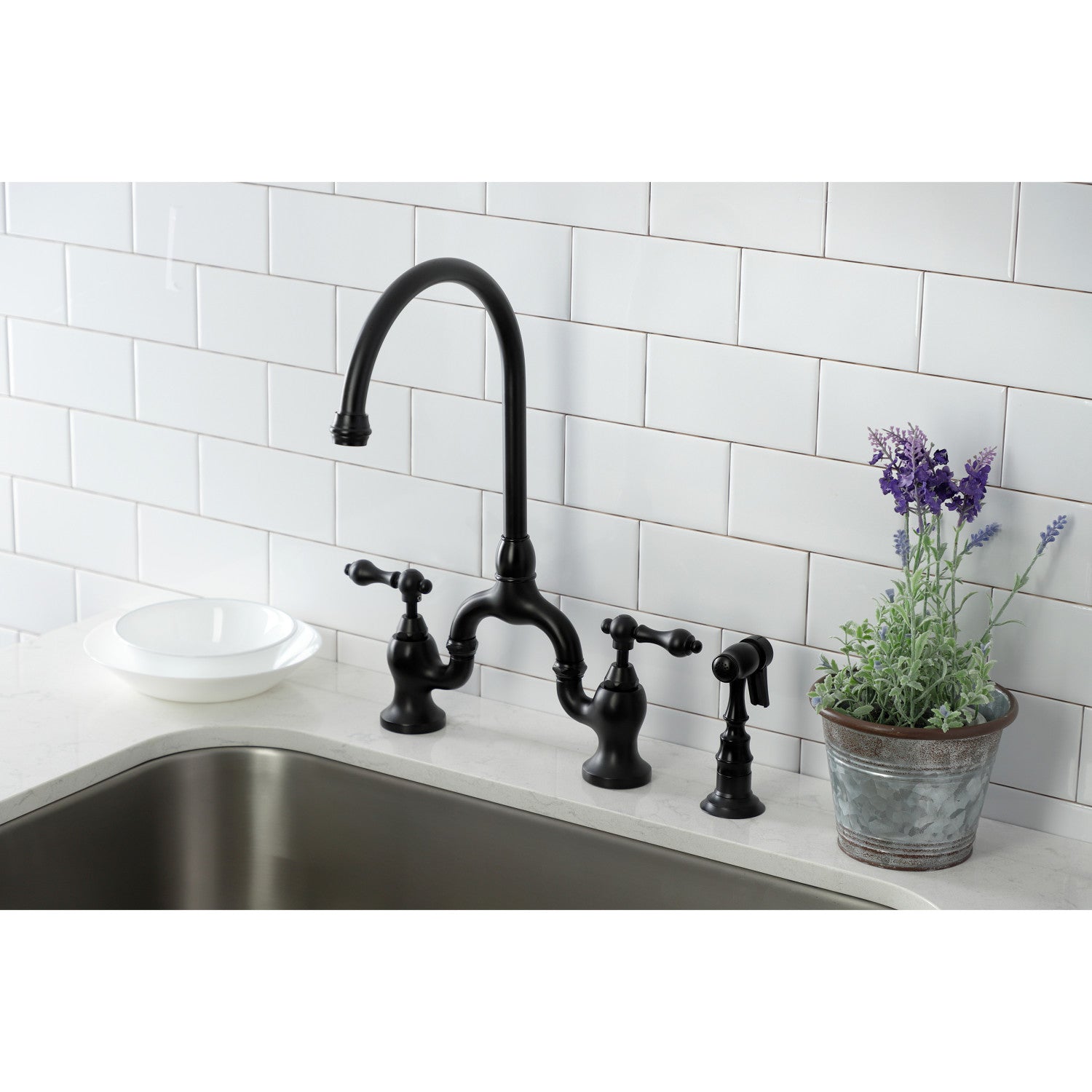 Kingston Heirloom KS7790ALBS - English Country Two-Handle 3-Hole Deck Mount Bridge Kitchen Faucet with Brass Sprayer, Matte Black — thumbnail 2