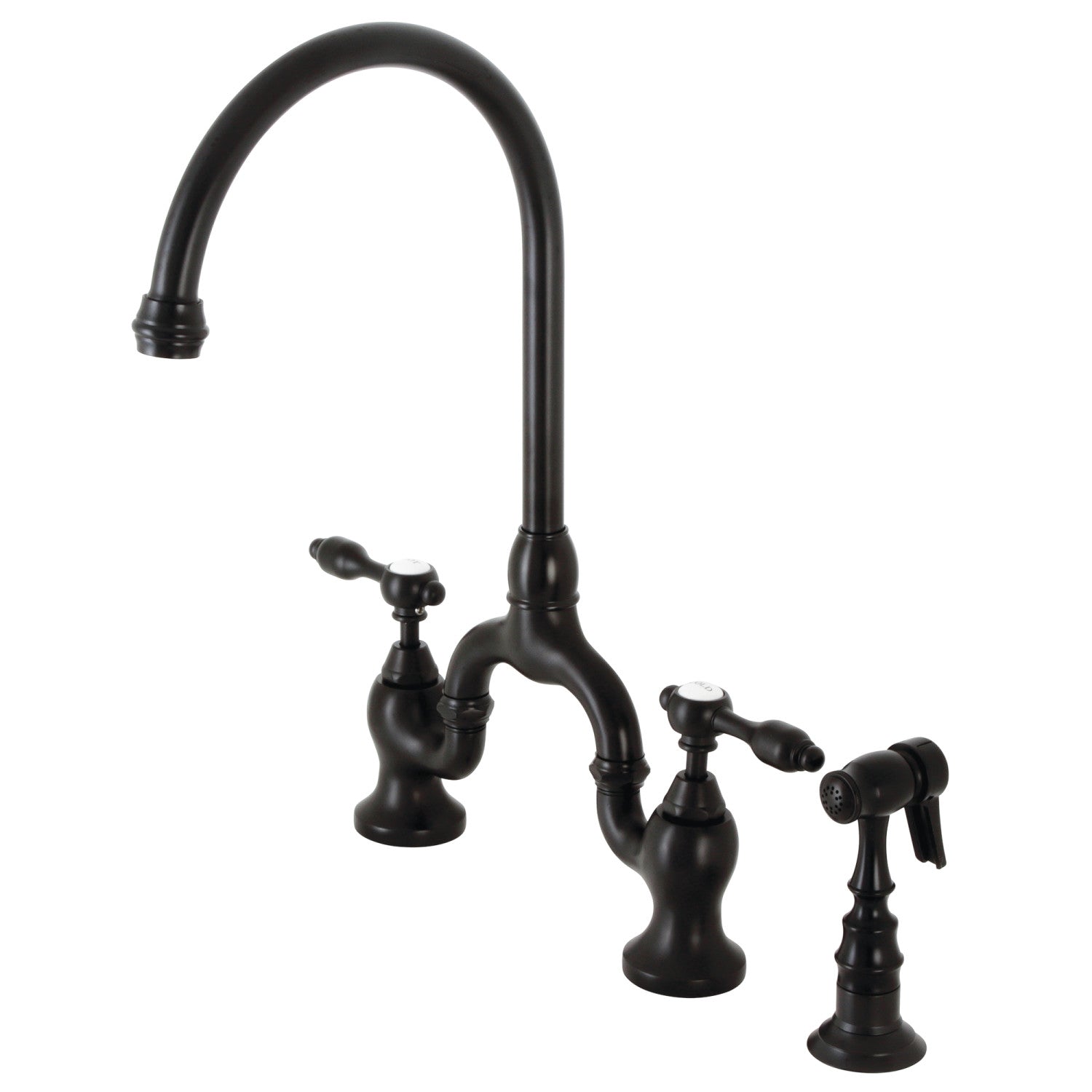 Kingston Heirloom KS7790TALBS - Tudor Two-Handle 3-Hole Deck Mount Bridge Kitchen Faucet with Brass Sprayer, Matte Black