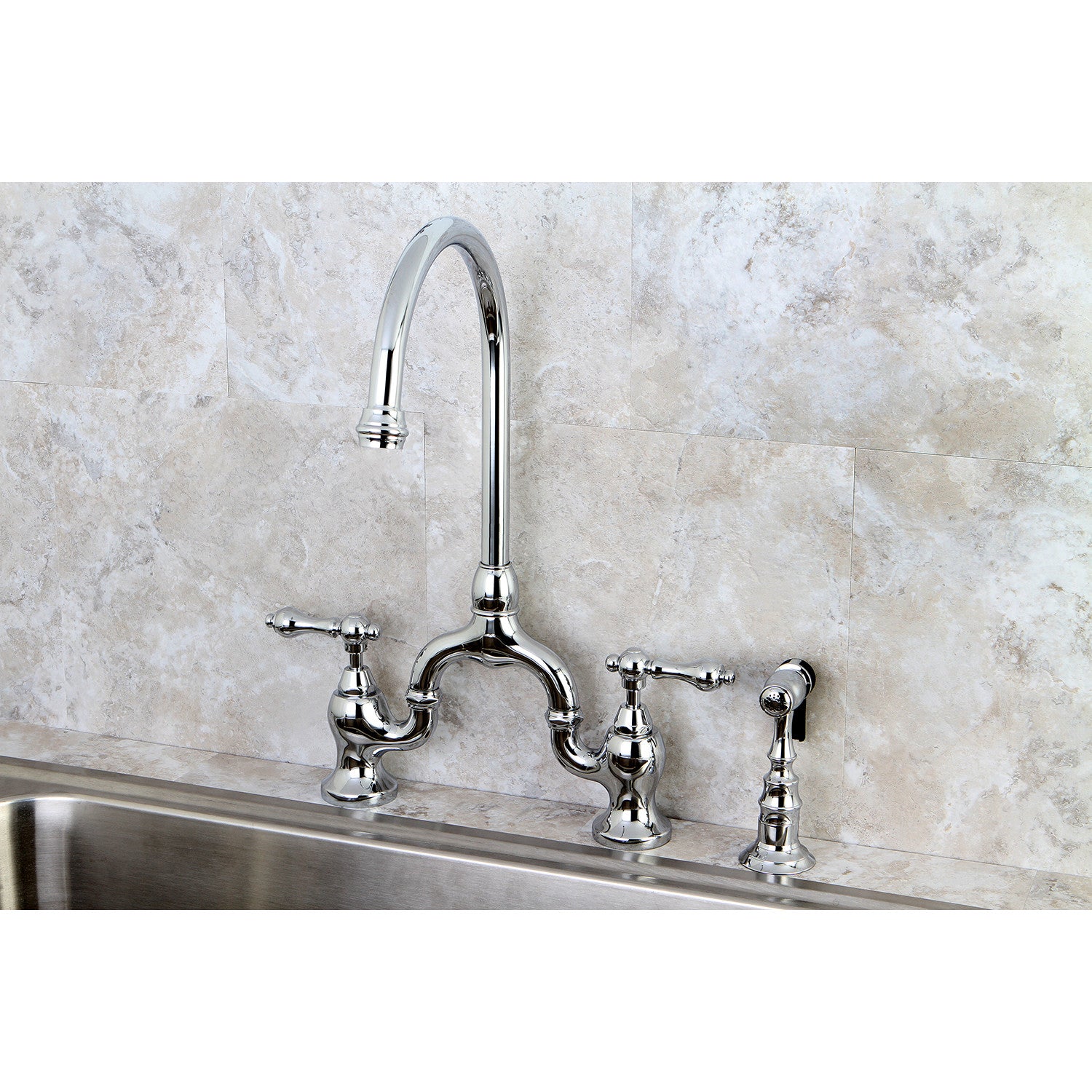 Kingston Heirloom KS7791ALBS - English Country Two-Handle 3-Hole Deck Mount Bridge Kitchen Faucet with Brass Sprayer, Polished Chrome — thumbnail 3