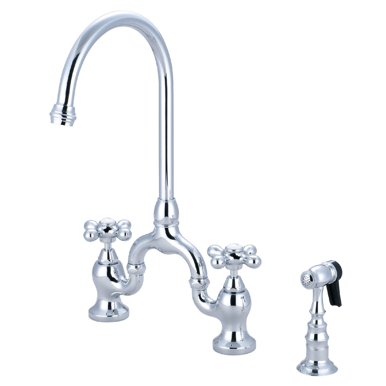 Kingston Heirloom KS7791AXBS - English Country Two-Handle 3-Hole Deck Mount Bridge Kitchen Faucet with Brass Sprayer, Polished Chrome