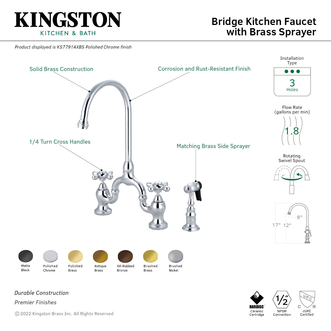 Kingston Heirloom KS7791AXBS - English Country Two-Handle 3-Hole Deck Mount Bridge Kitchen Faucet with Brass Sprayer, Polished Chrome — thumbnail 2