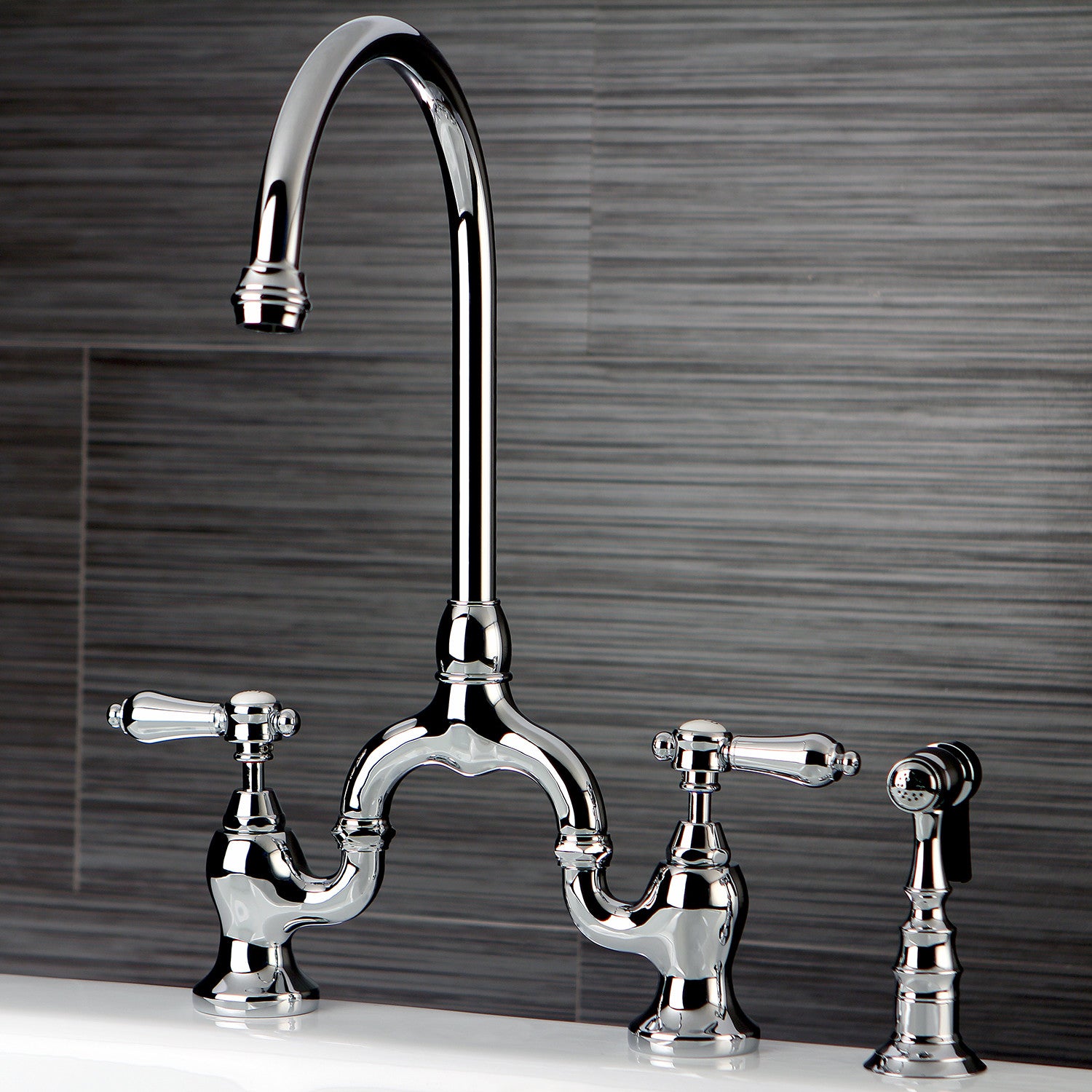 Kingston Heirloom KS7791BALBS - Heirloom Two-Handle 3-Hole Deck Mount Bridge Kitchen Faucet with Brass Sprayer, Polished Chrome — thumbnail 2