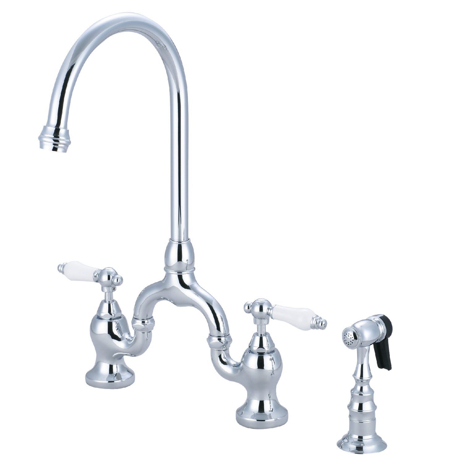 Kingston Heirloom KS7791PLBS - English Country Two-Handle 3-Hole Deck Mount Bridge Kitchen Faucet with Brass Sprayer, Polished Chrome