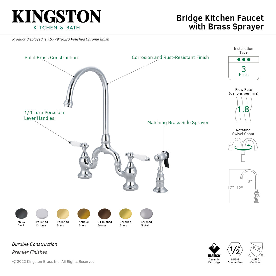 Kingston Heirloom KS7791PLBS - English Country Two-Handle 3-Hole Deck Mount Bridge Kitchen Faucet with Brass Sprayer, Polished Chrome — thumbnail 2