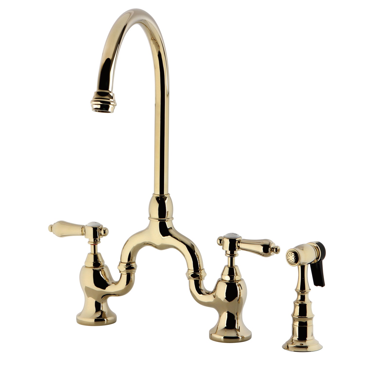 Kingston Heirloom KS7792BALBS - Heirloom Two-Handle 3-Hole Deck Mount Bridge Kitchen Faucet with Brass Sprayer, Polished Brass