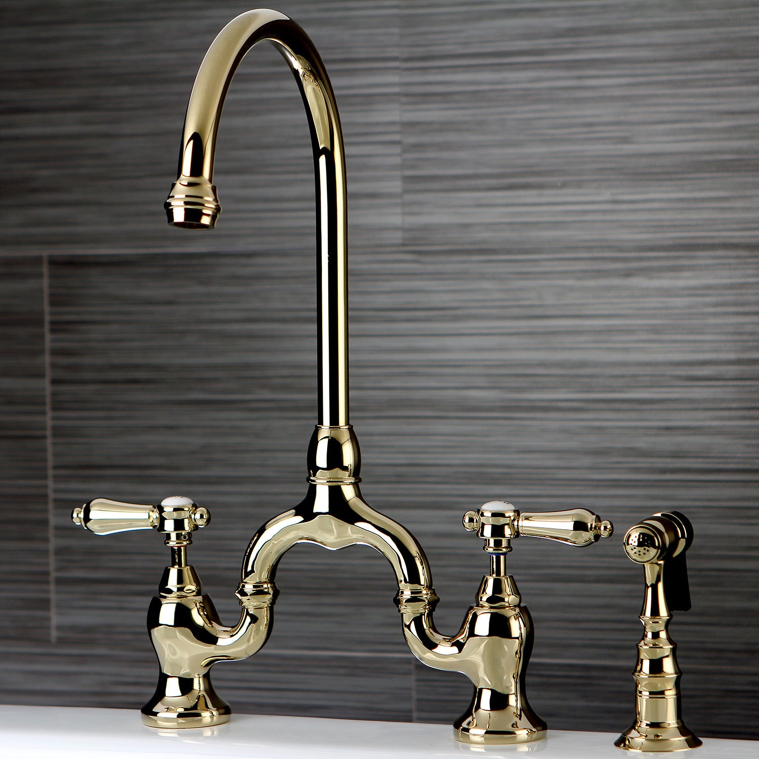 Kingston Heirloom KS7792BALBS - Heirloom Two-Handle 3-Hole Deck Mount Bridge Kitchen Faucet with Brass Sprayer, Polished Brass — thumbnail 2