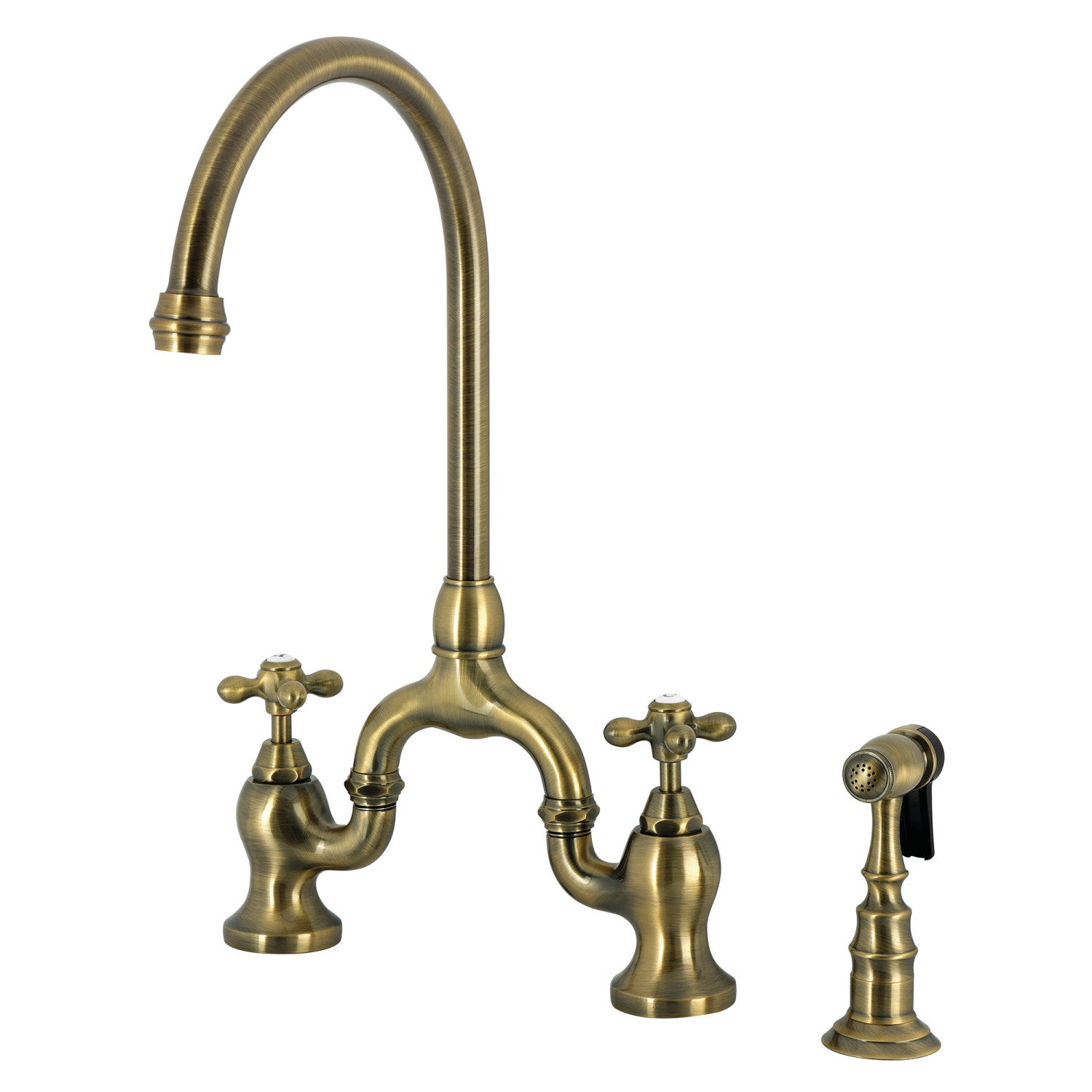 Kingston Heirloom KS7793AXBS - English Country Two-Handle 3-Hole Deck Mount Bridge Kitchen Faucet with Brass Sprayer, Antique Brass
