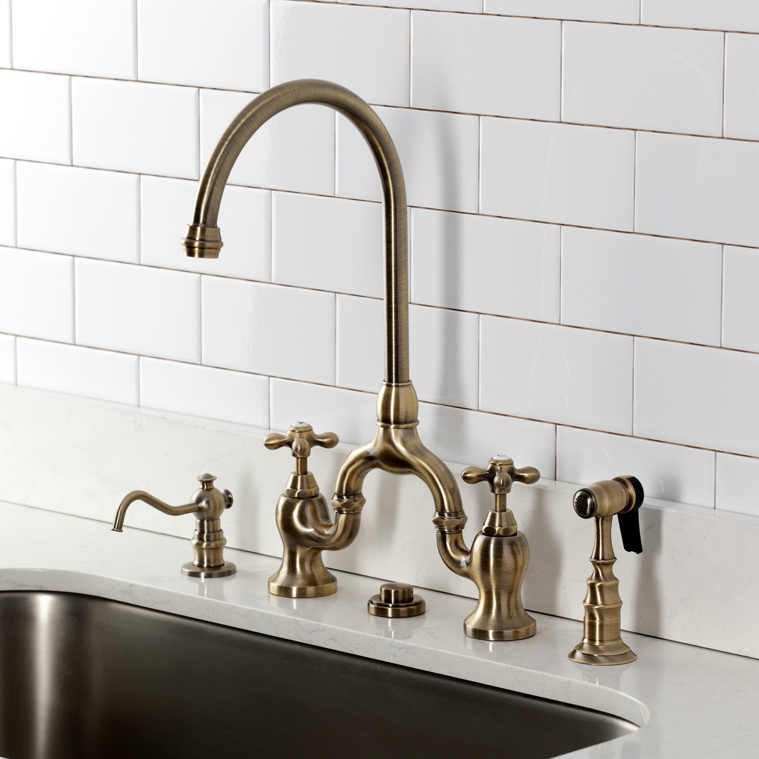 Kingston Heirloom KS7793AXBS - English Country Two-Handle 3-Hole Deck Mount Bridge Kitchen Faucet with Brass Sprayer, Antique Brass — thumbnail 2