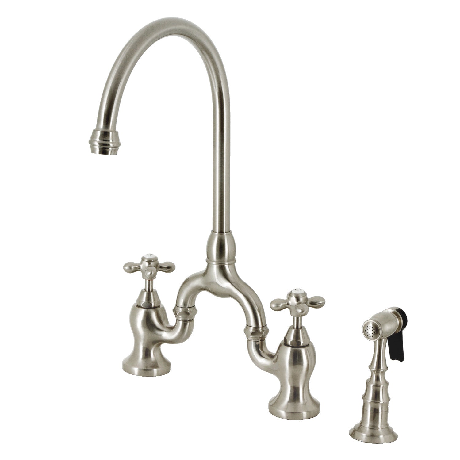 Kingston Heirloom KS7798AXBS - English Country Two-Handle 3-Hole Deck Mount Bridge Kitchen Faucet with Brass Sprayer, Brushed Nickel