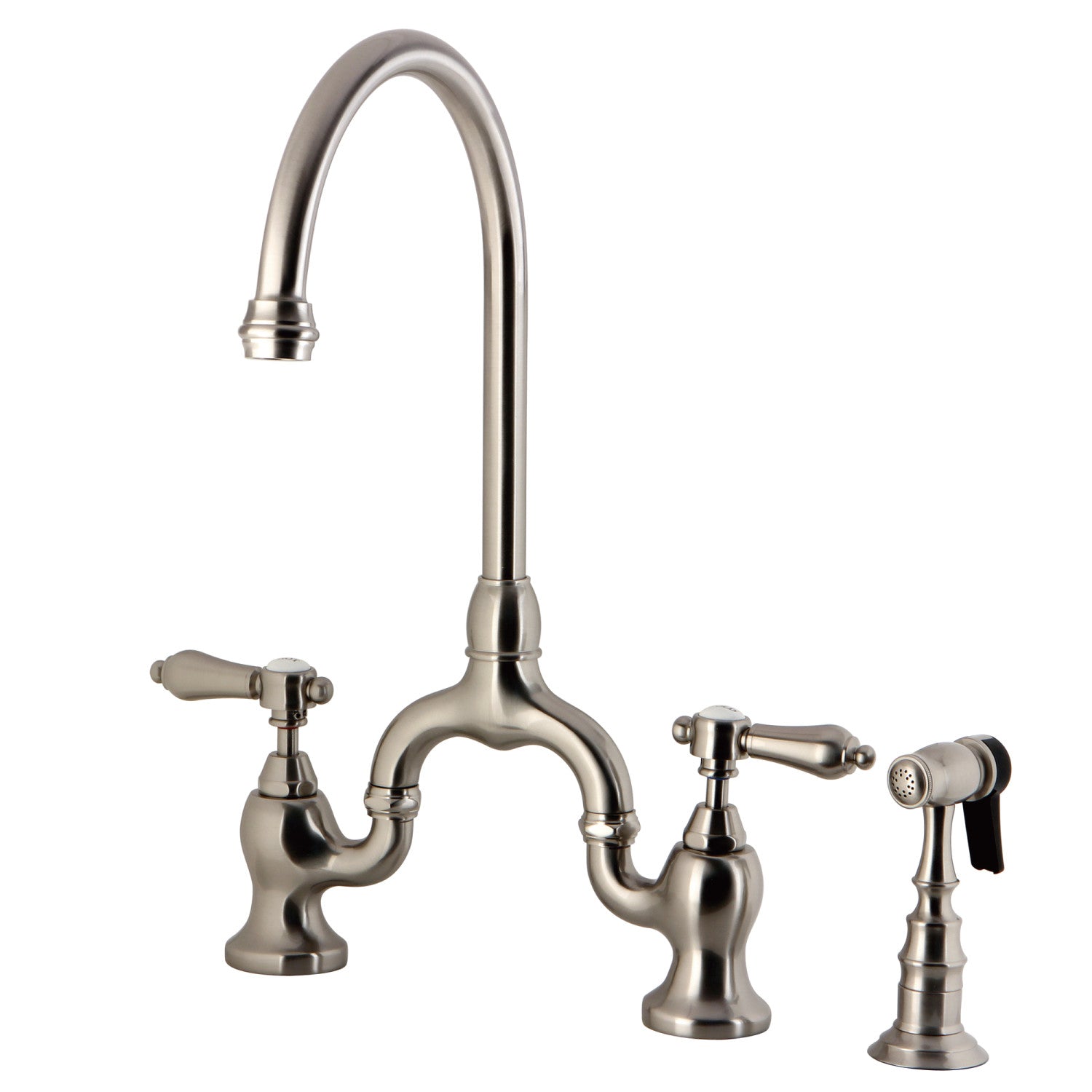 Kingston Heirloom KS7798BALBS - Heirloom Two-Handle 3-Hole Deck Mount Bridge Kitchen Faucet with Brass Sprayer, Brushed Nickel — image 1