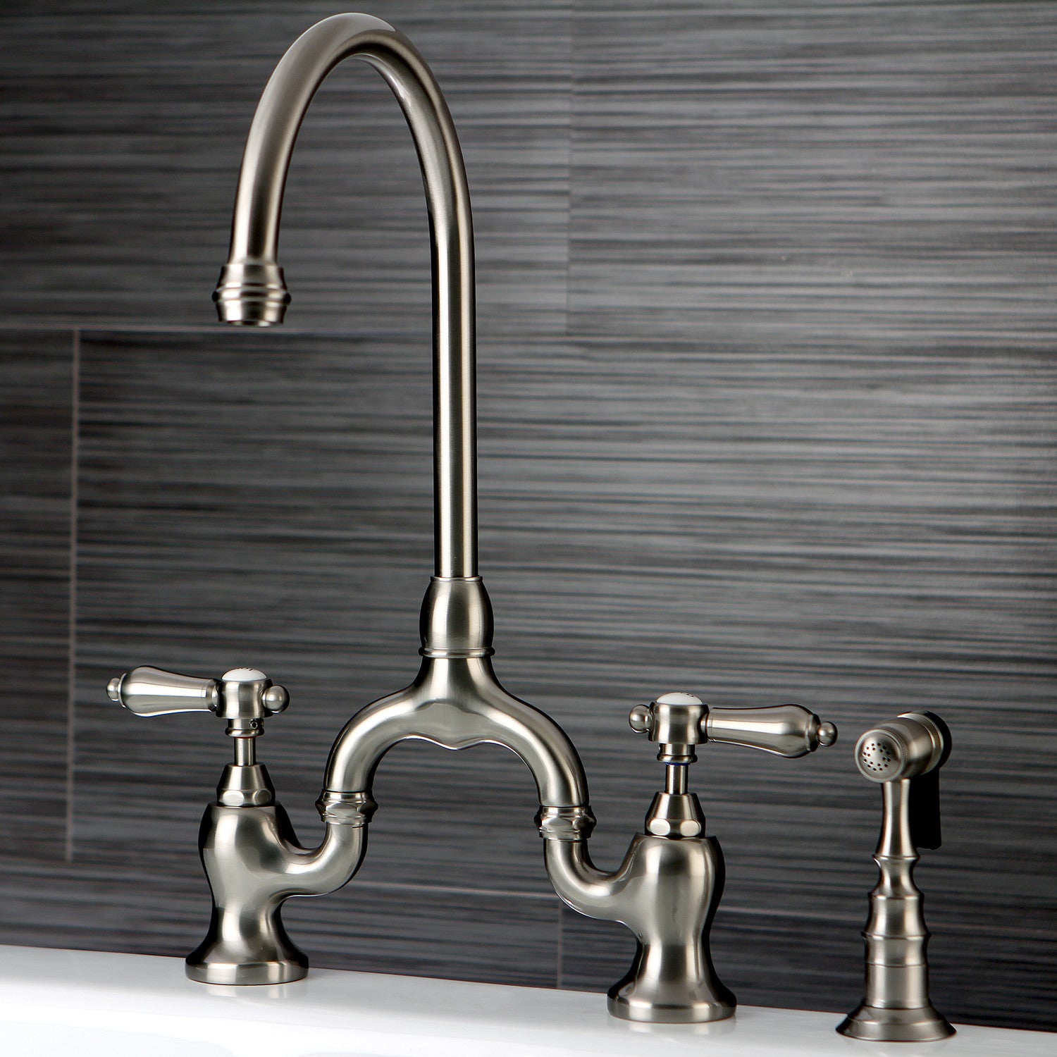 Kingston Heirloom KS7798BALBS - Heirloom Two-Handle 3-Hole Deck Mount Bridge Kitchen Faucet with Brass Sprayer, Brushed Nickel — thumbnail 2
