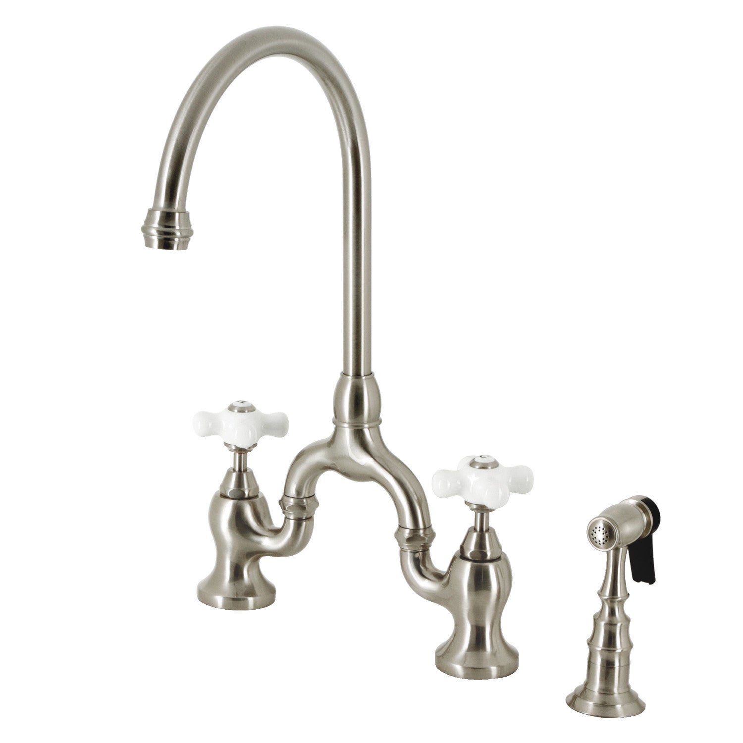 Kingston Heirloom KS7798PXBS - English Country Two-Handle 3-Hole Deck Mount Bridge Kitchen Faucet with Brass Sprayer, Brushed Nickel — image 1