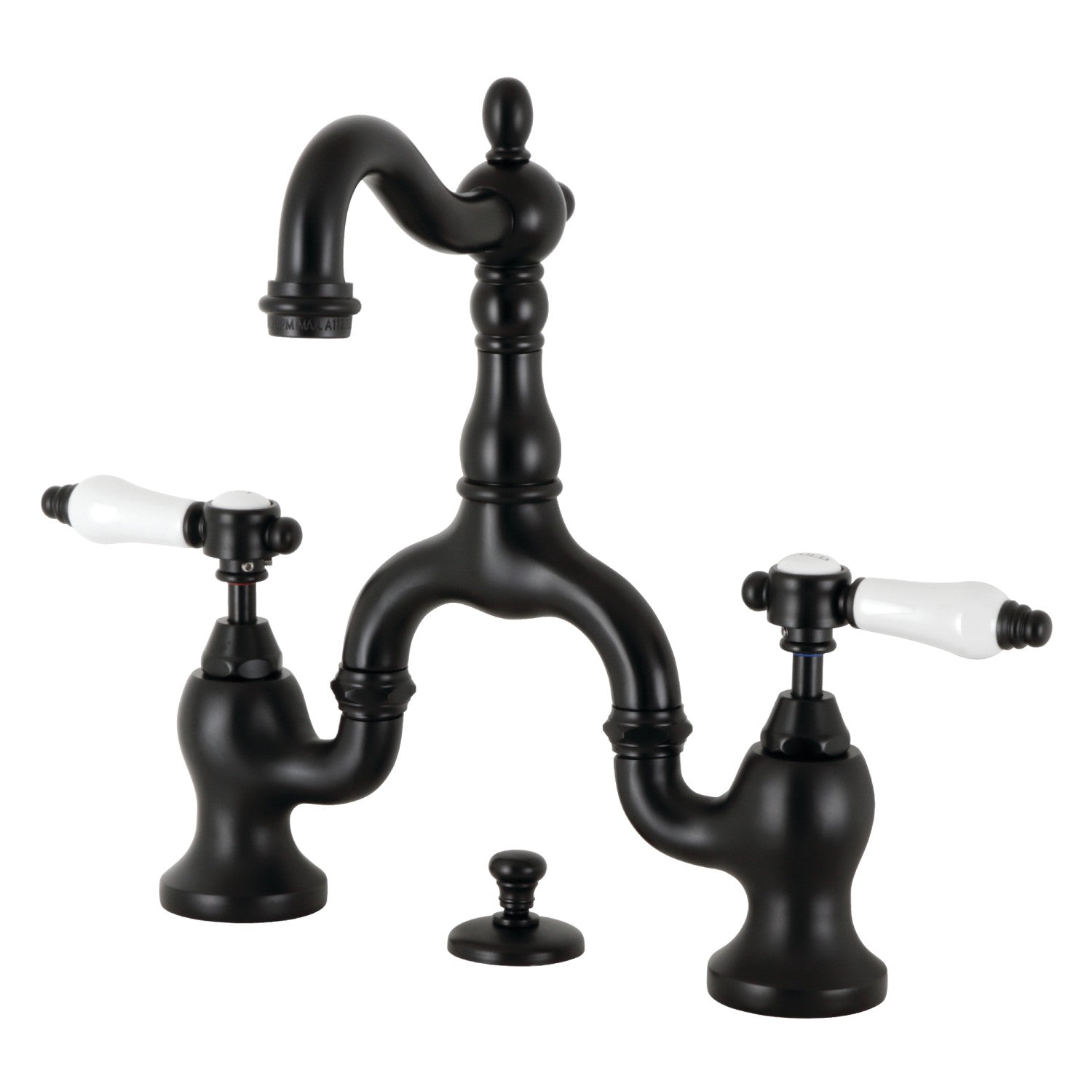 Kingston Heirloom KS7970BPL - Bel-Air Two-Handle 3-Hole Deck Mount Bridge Bathroom Faucet with Brass Pop-Up, Matte Black