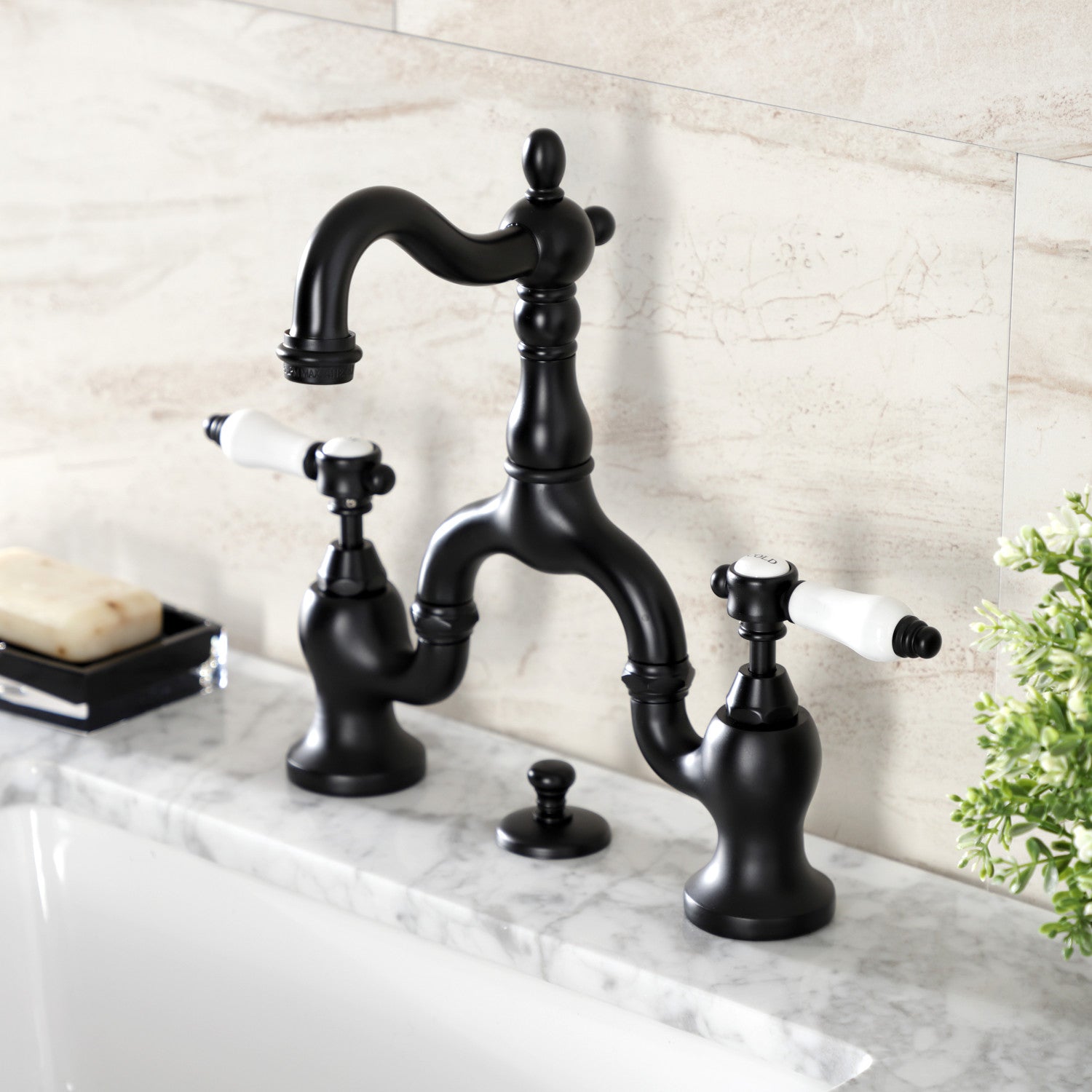 Kingston Heirloom KS7970BPL - Bel-Air Two-Handle 3-Hole Deck Mount Bridge Bathroom Faucet with Brass Pop-Up, Matte Black — thumbnail 2