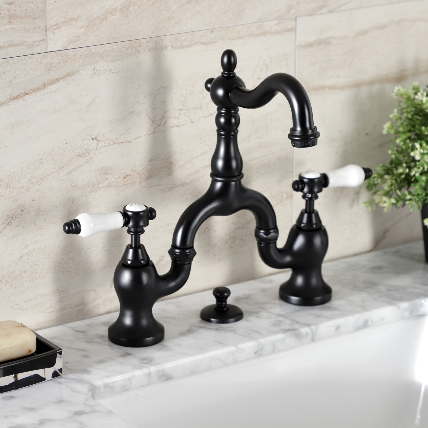 Kingston Heirloom KS7970BPL - Bel-Air Two-Handle 3-Hole Deck Mount Bridge Bathroom Faucet with Brass Pop-Up, Matte Black — thumbnail 3