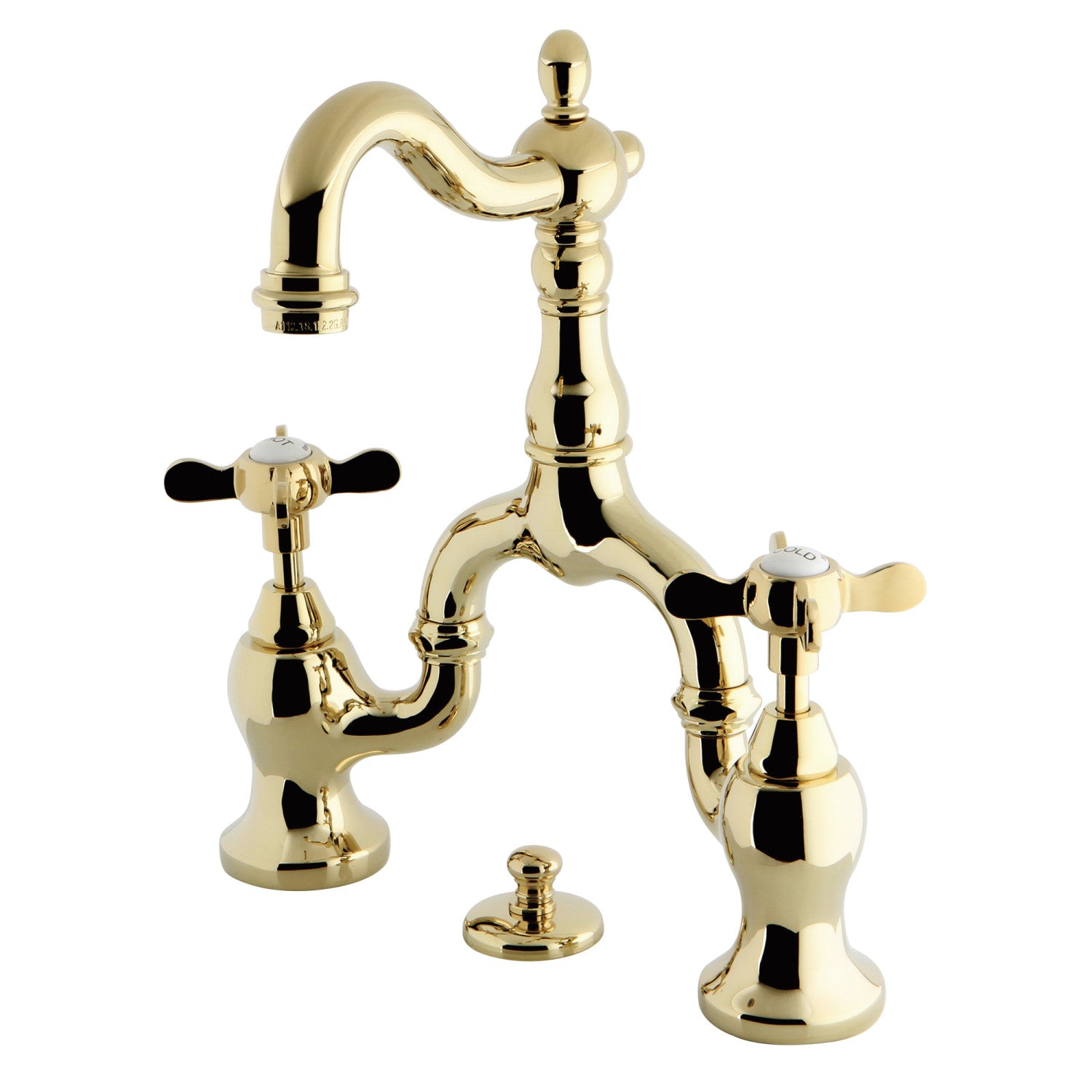 Kingston Heirloom KS7972BEX - Essex Two-Handle 3-Hole Deck Mount Bridge Bathroom Faucet with Brass Pop-Up, Polished Brass