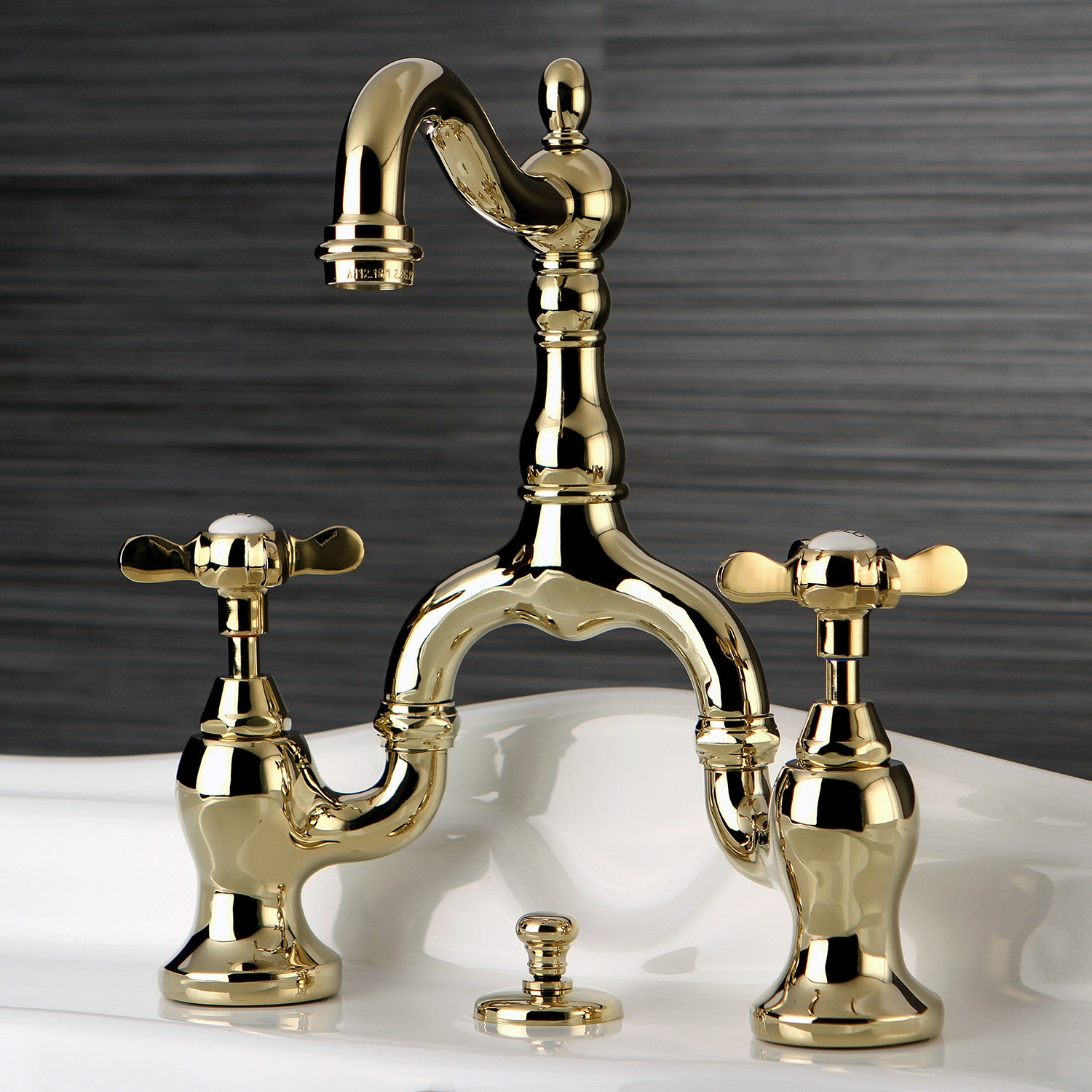 Kingston Heirloom KS7972BEX - Essex Two-Handle 3-Hole Deck Mount Bridge Bathroom Faucet with Brass Pop-Up, Polished Brass — thumbnail 2
