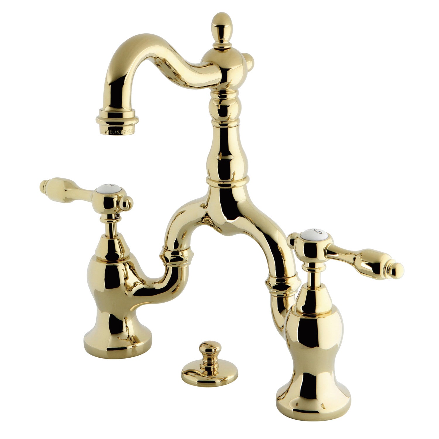 Kingston Heirloom KS7972TAL - Tudor Two-Handle 3-Hole Deck Mount Bridge Bathroom Faucet with Brass Pop-Up, Polished Brass