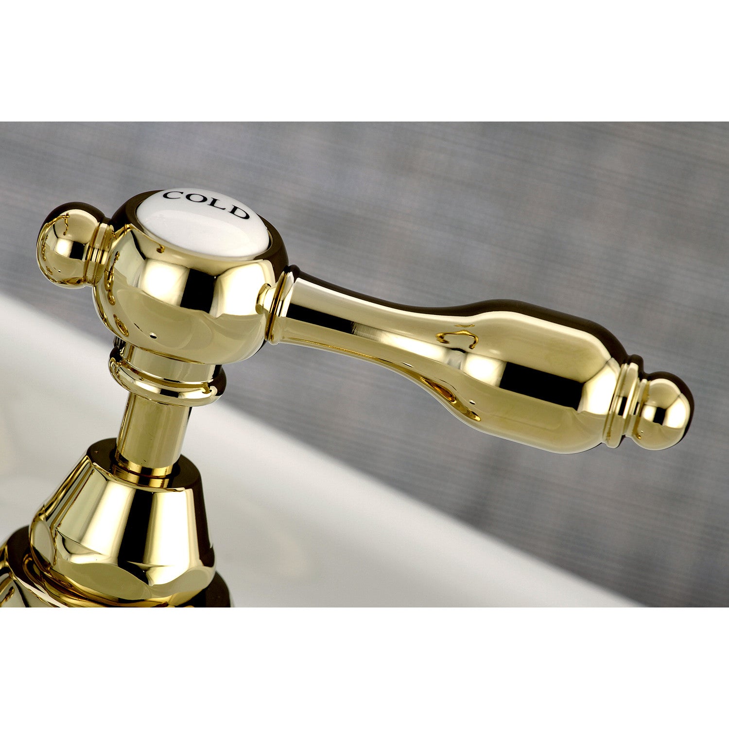 Kingston Heirloom KS7972TAL - Tudor Two-Handle 3-Hole Deck Mount Bridge Bathroom Faucet with Brass Pop-Up, Polished Brass — thumbnail 3