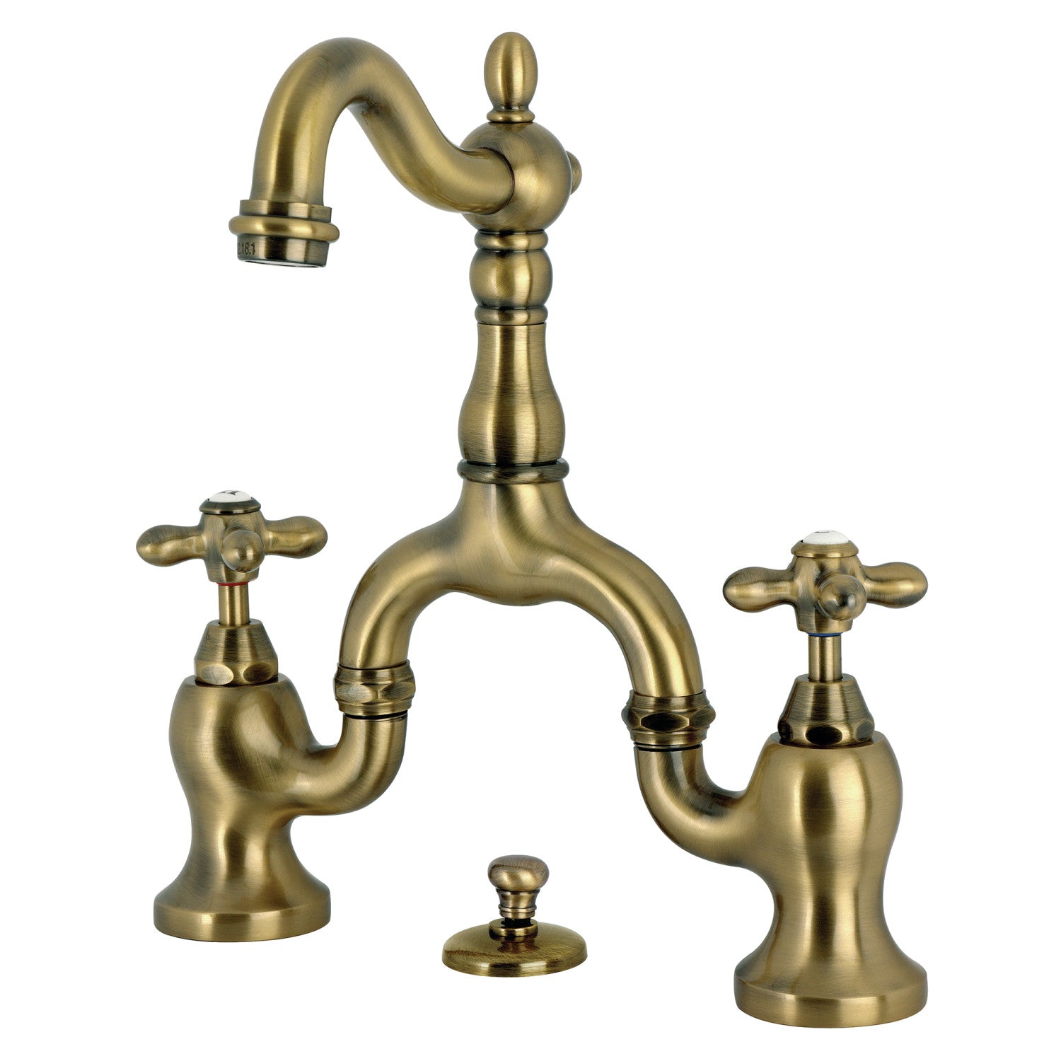 Kingston Heirloom KS7973AX - English Country Two-Handle 3-Hole Deck Mount Bridge Bathroom Faucet with Brass Pop-Up, Antique Brass